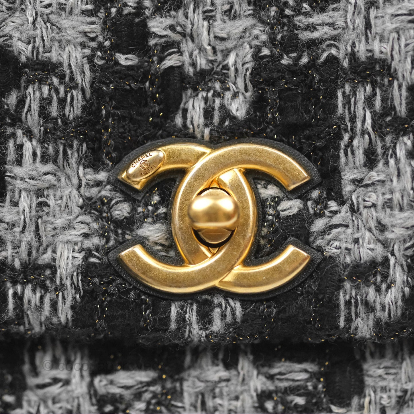 Chanel Mini Flag Bag Black & Grey Tweed Aged Gold Hardware