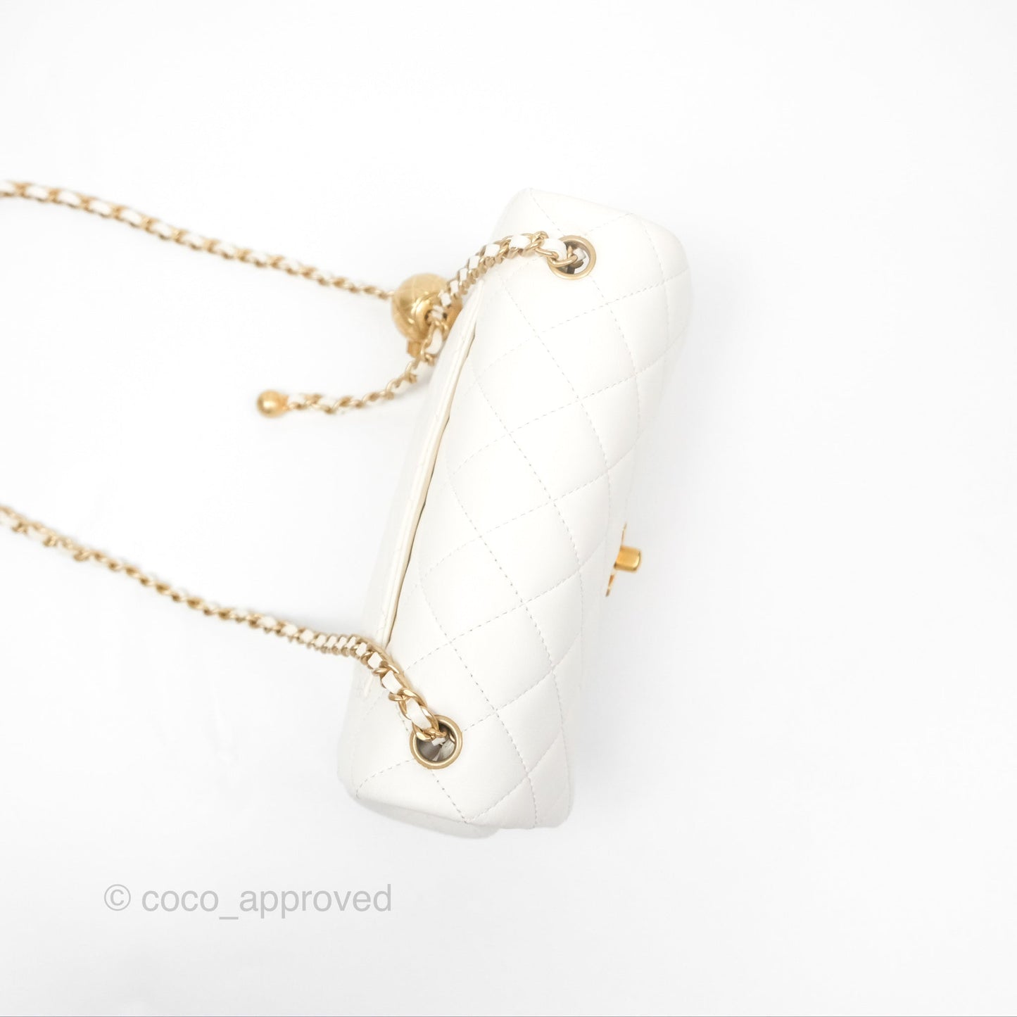 Chanel Mini Rectangular Pearl Crush Quilted White Lambskin Aged Gold Hardware