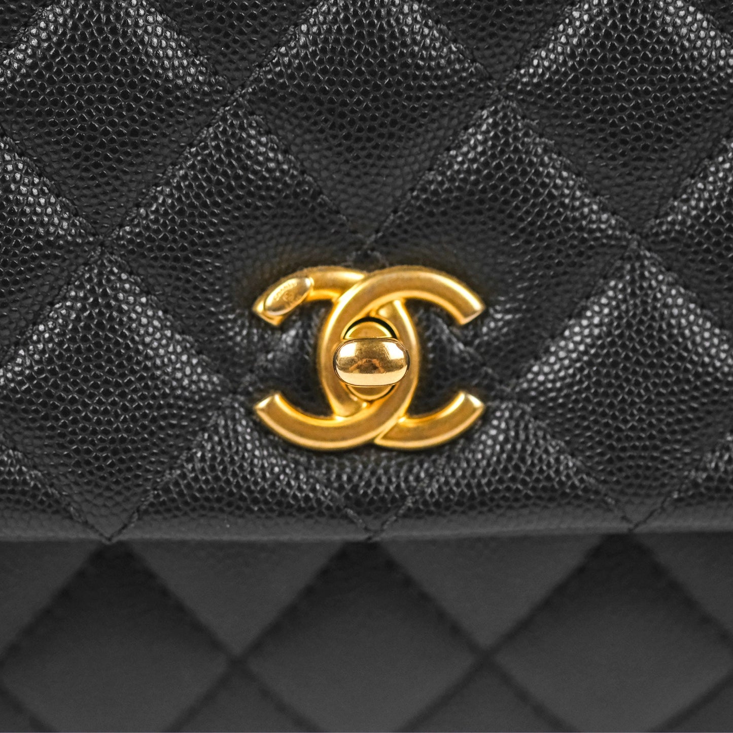 Chanel Small Coco Handle Quilted Black Caviar Aged Gold Hardware Lizard Handle