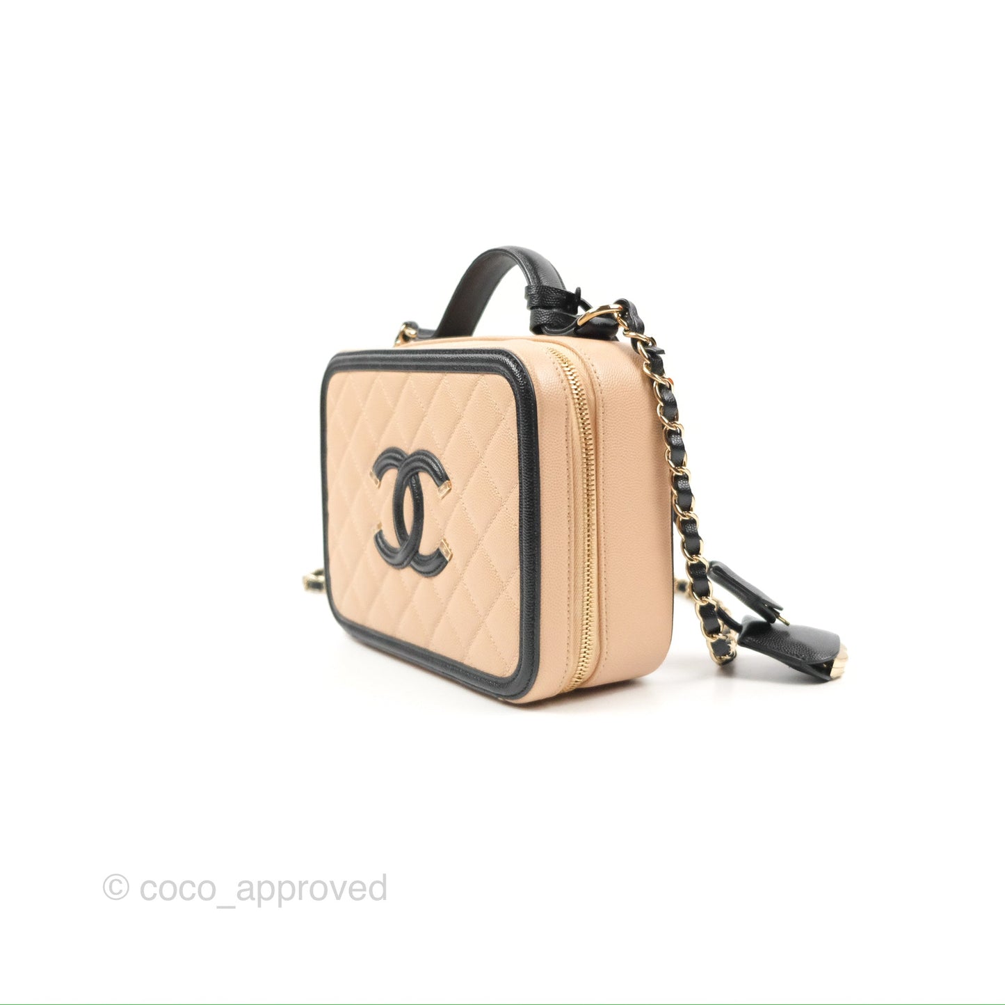 Chanel Quilted Medium CC Filigree Vanity Case Black Beige Caviar Gold Hardware