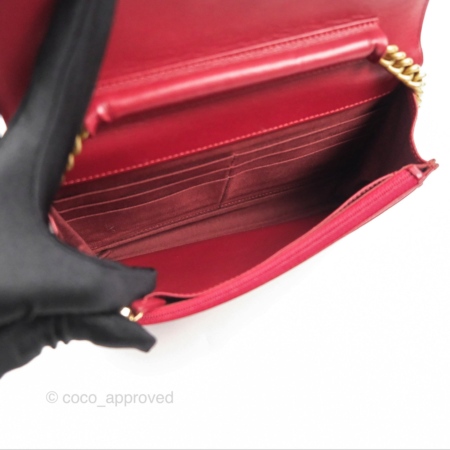 Chanel Quilted Boy Wallet on Chain WOC Red Caviar Aged Gold Hardware