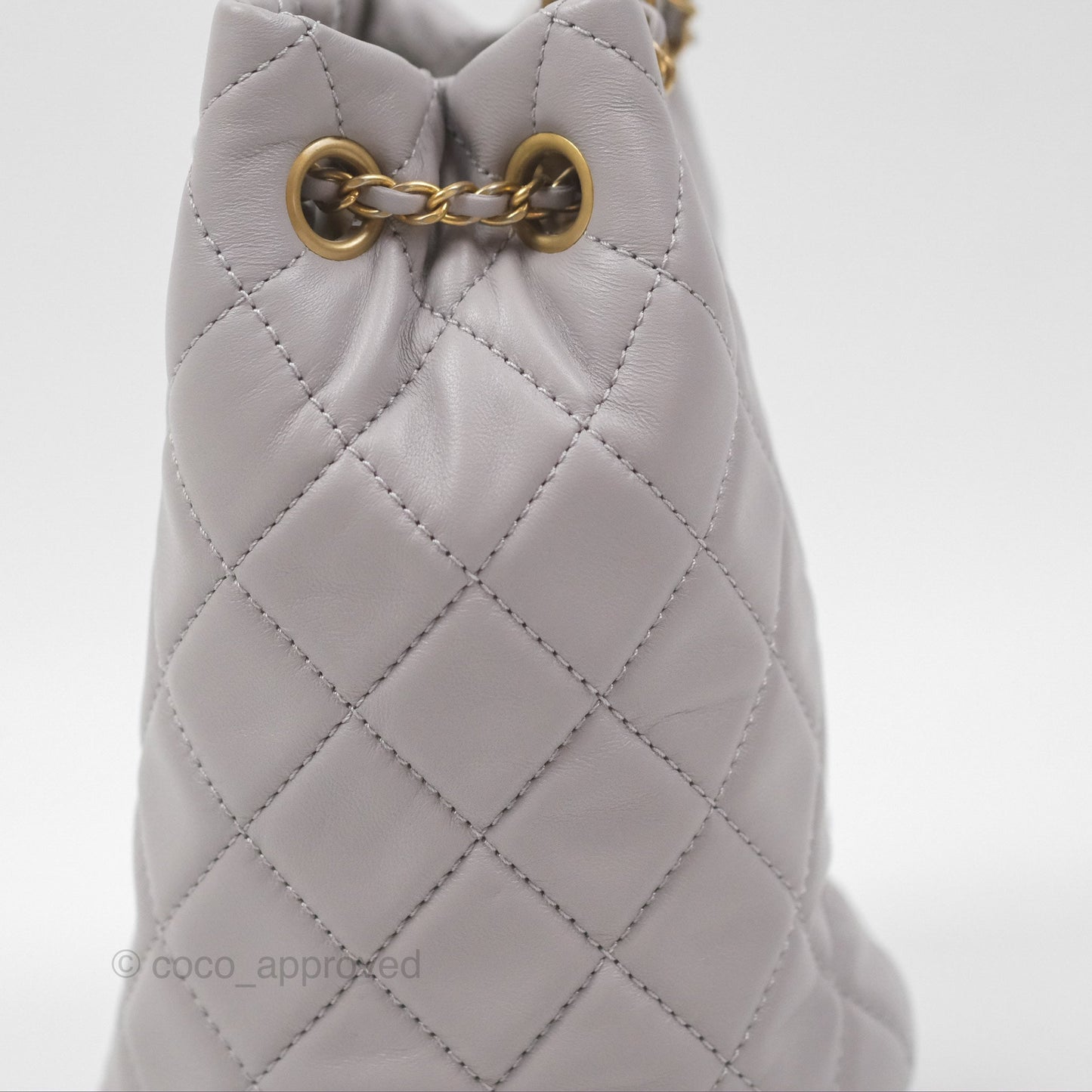 Chanel Pearl Crush Drawstring Bucket Bag Grey Lambskin Aged Gold Hardware