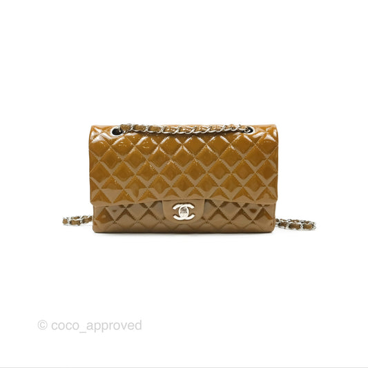 Chanel Classic M/L Medium Flap Quilted Brown Patent Silver Hardware
