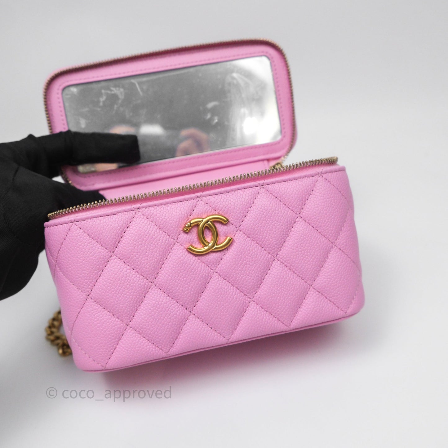 Chanel Vanity with Heart Adjustable Chain Pink Caviar Aged Gold Hardware