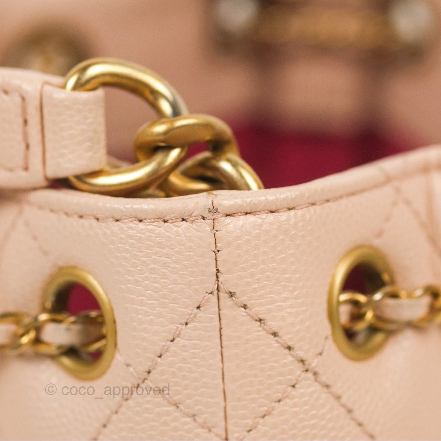 Chanel Quilted Top Handle Drawstring Bucket Bag Pink Caviar Aged Gold Hardware