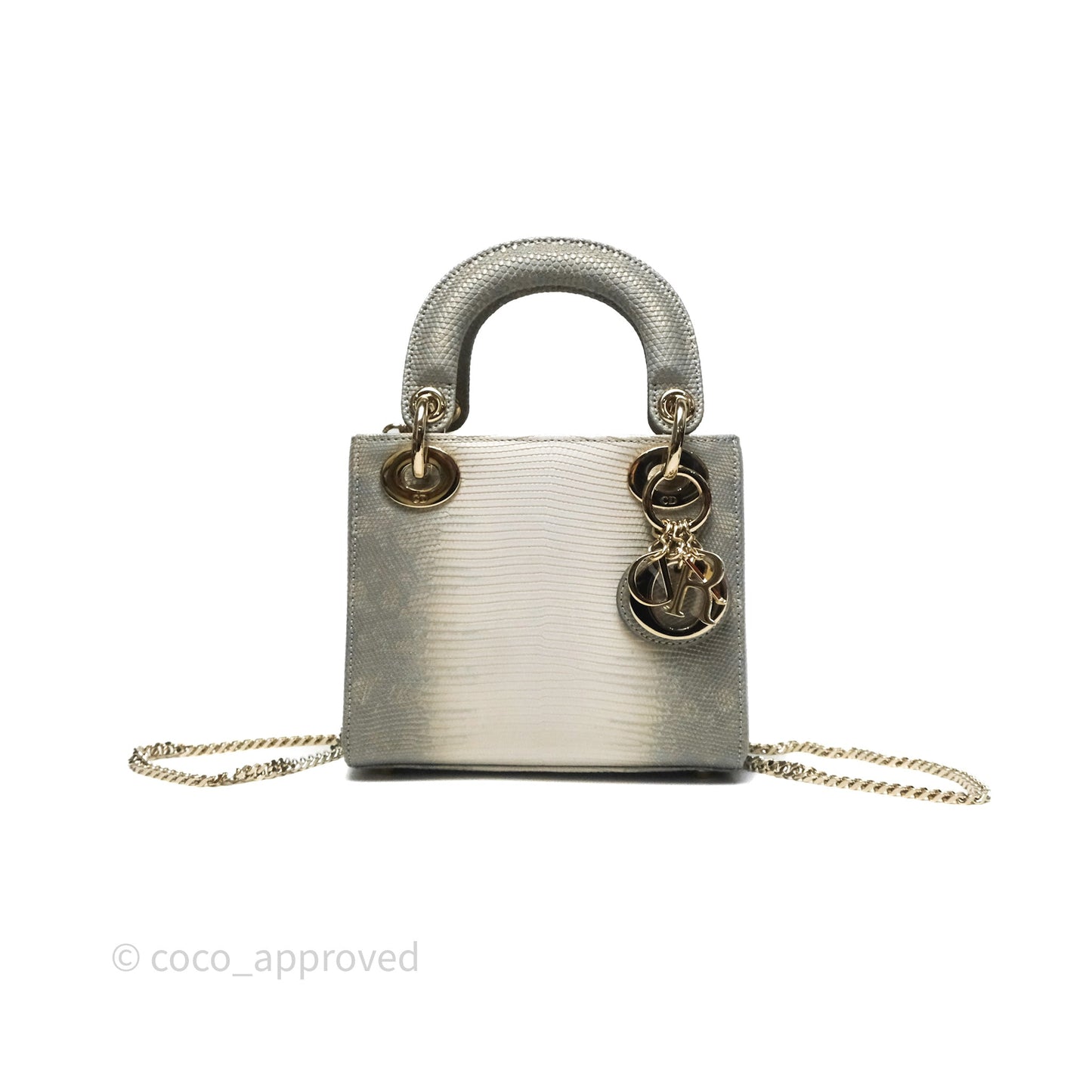 Dior Mini Lady Dior Ombre Grey White Lizard Gold Hardware