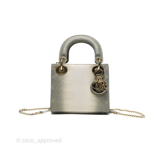 Dior Mini Lady Dior Ombre Grey White Lizard Gold Hardware