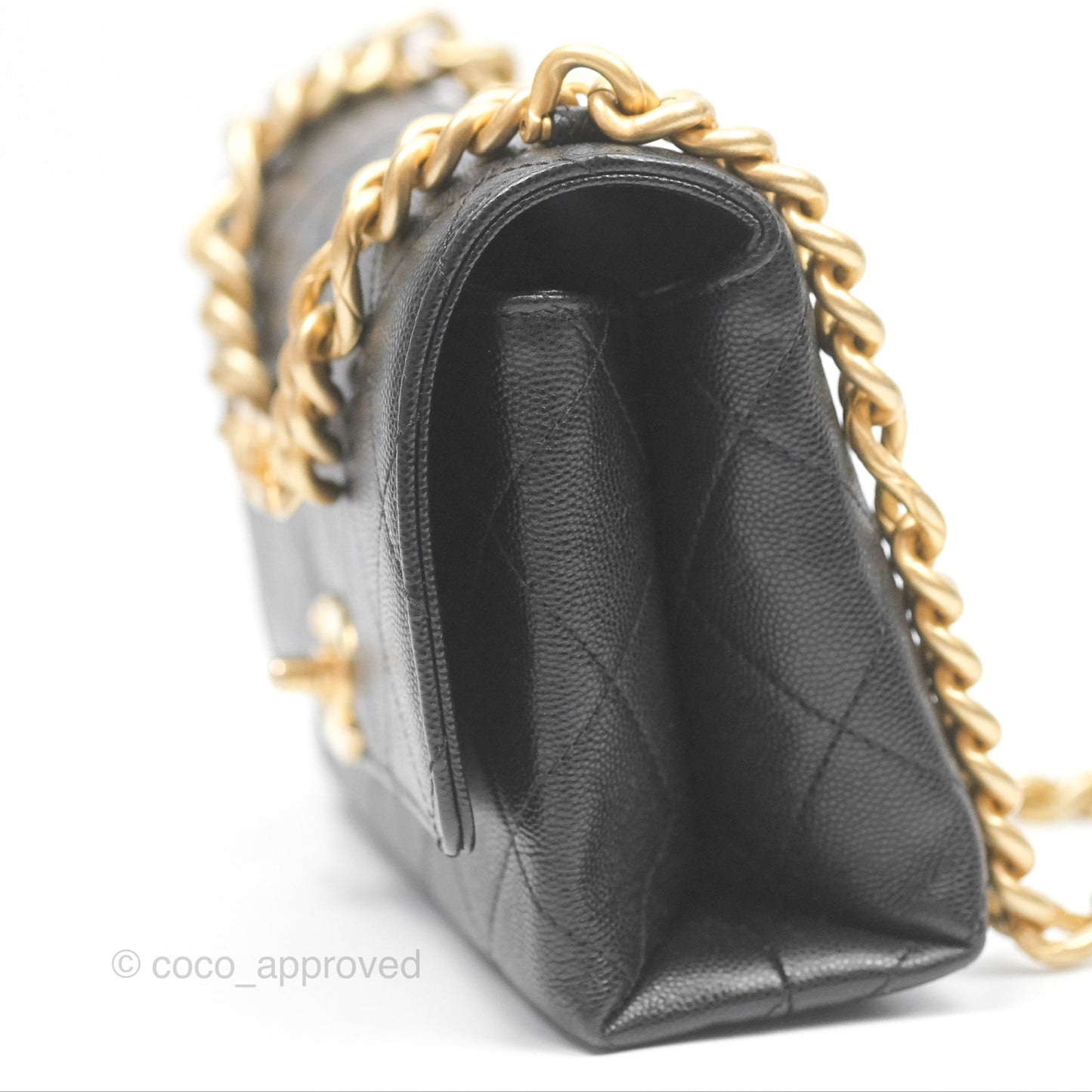 Chanel Bracelet On Chain Flap Bag Flat Quilted Black Caviar Aged Gold Hardware