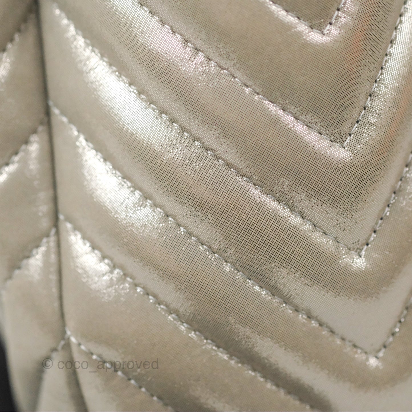 Chanel Small Urban Spirit Drawstring Bag Chevron Iridescent Silver Calfskin