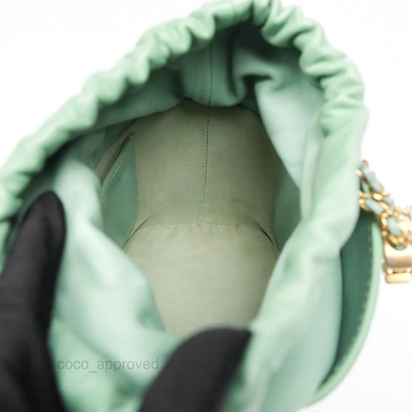 Chanel Drawstring Bucket Bag Quilted Green Caviar Aged Gold Hardware
