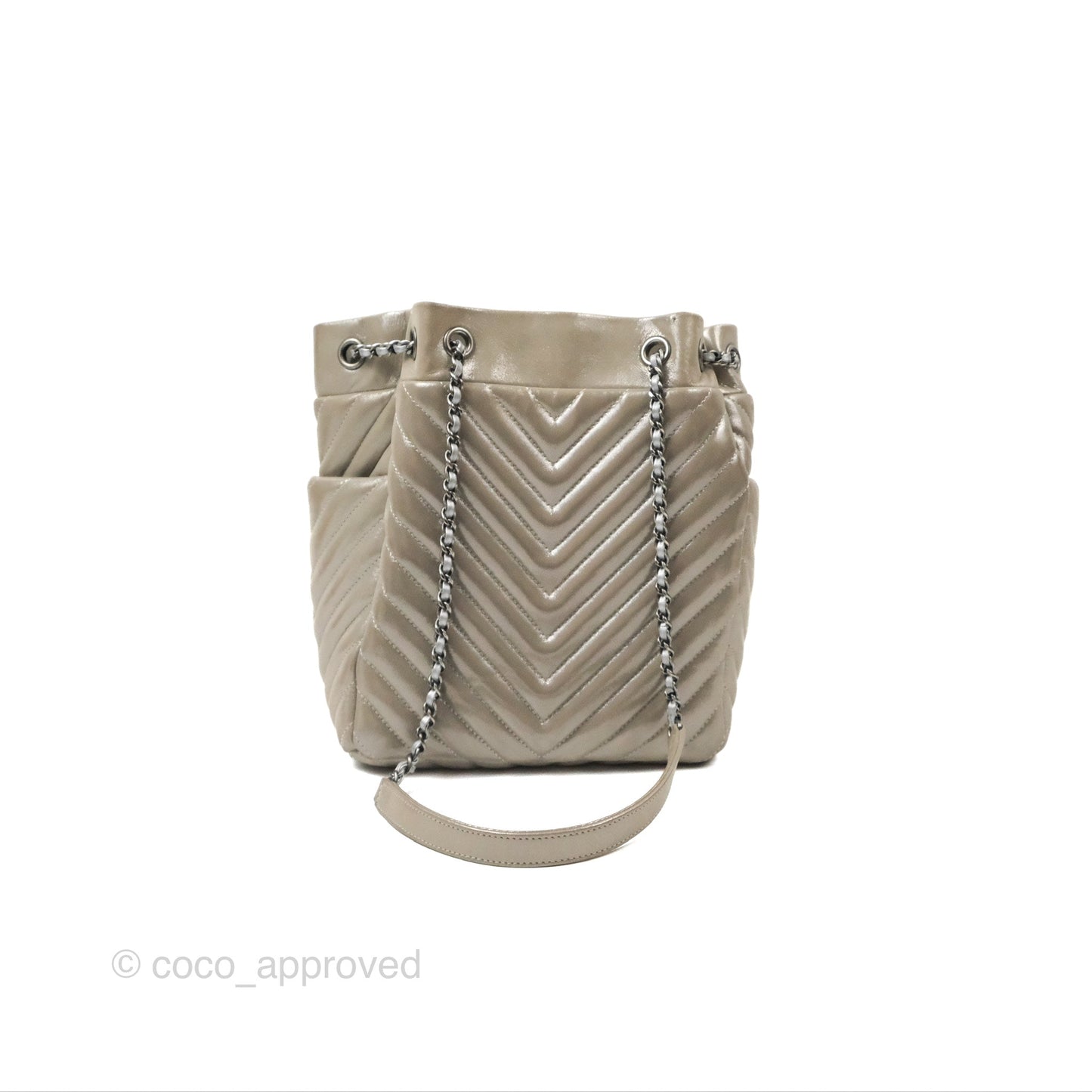 Chanel Small Urban Spirit Drawstring Bag Chevron Iridescent Silver Calfskin