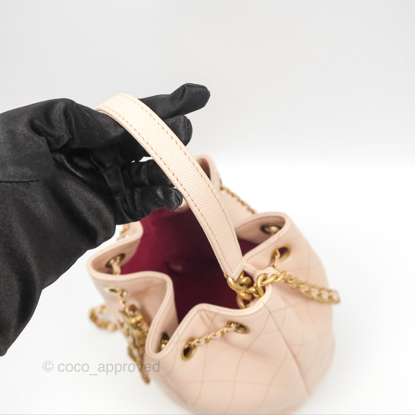 Chanel Quilted Top Handle Drawstring Bucket Bag Pink Caviar Aged Gold Hardware