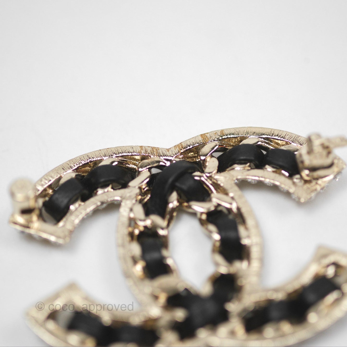 Chanel CC Crystal Braided Leather Black Brooch Gold Tone 24V