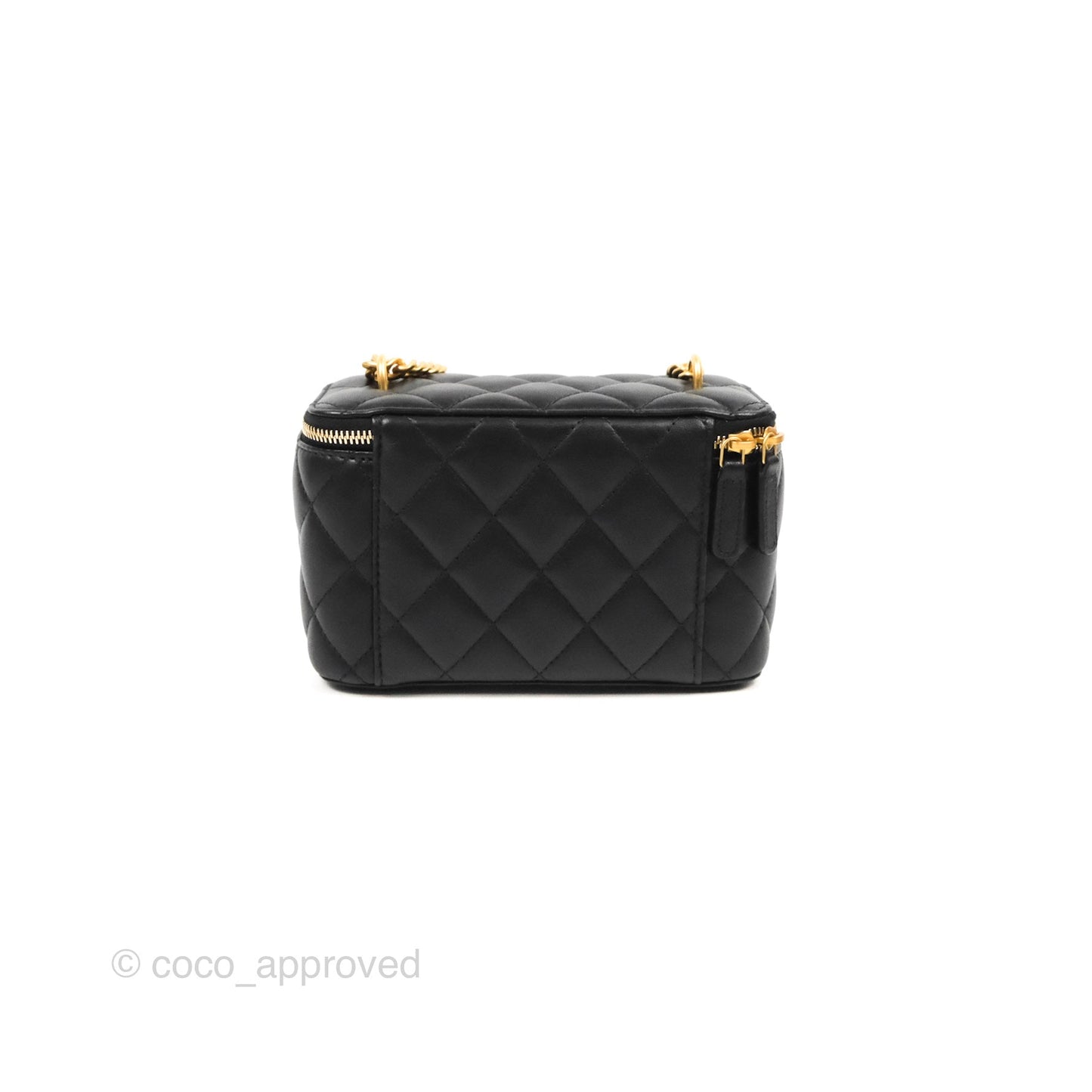 Chanel Quilted Vanity Rectangular with Camellia Adjustable Chain Black Lambskin 23S