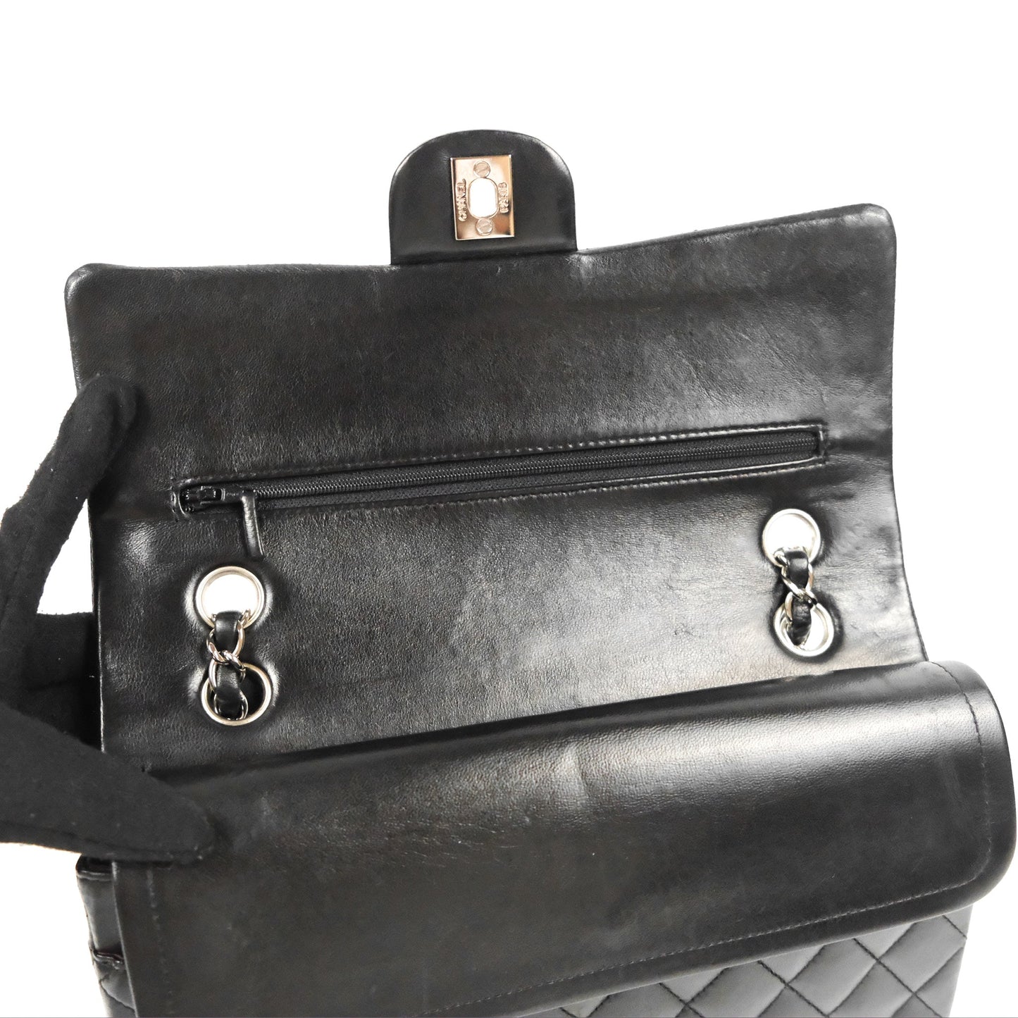 Chanel Classic M/L Medium Flap Quilted Black Lambskin Silver Hardware
