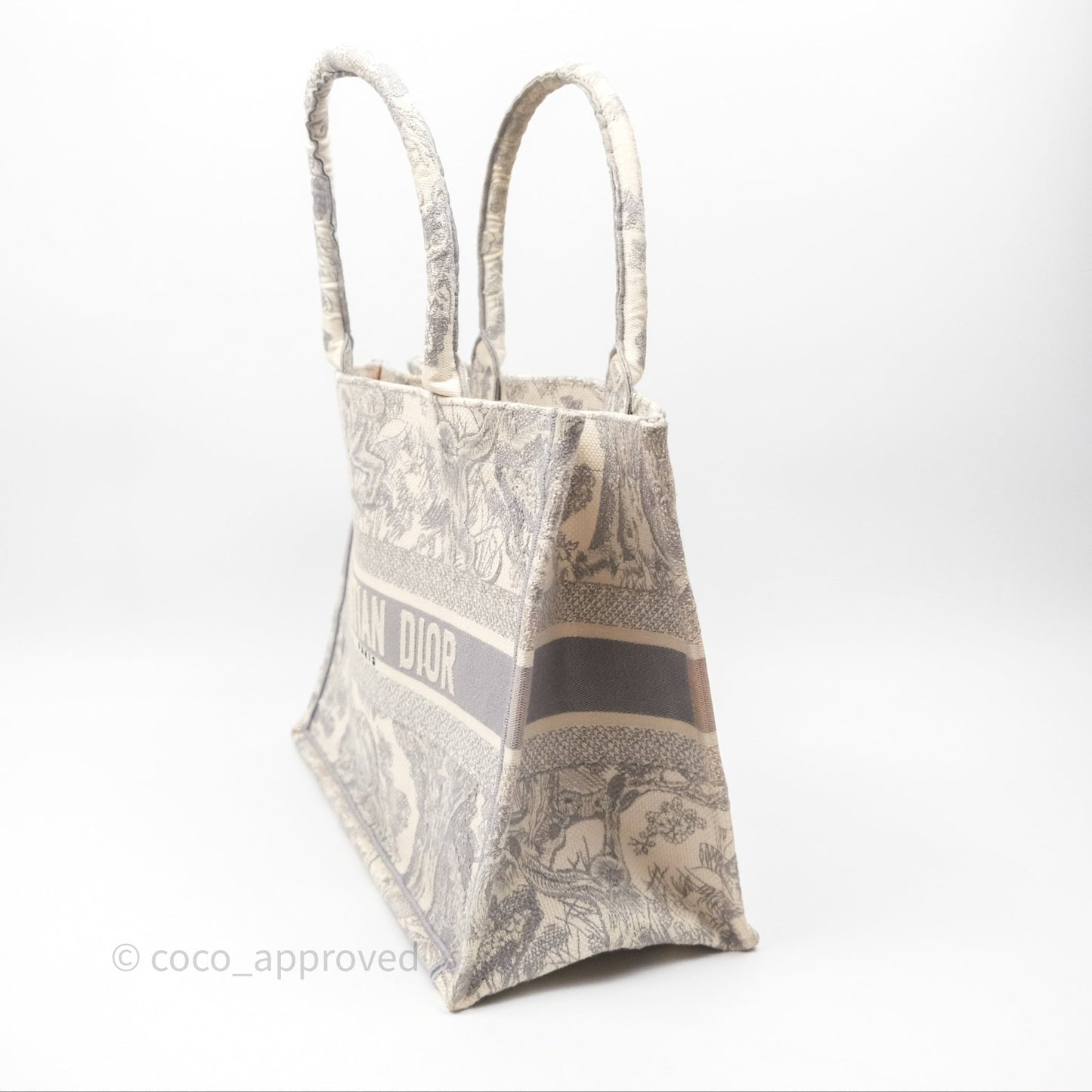 Christian Dior Medium (Old Small) Embroidered Toile De Jouy Light Grey Canvas Book Tote