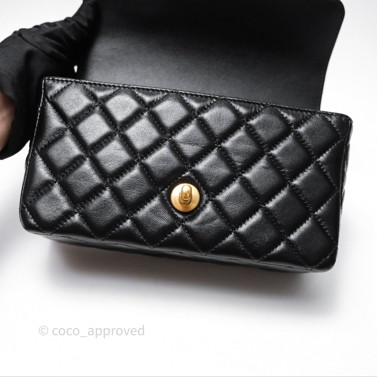 Chanel Flap Bag with Crystal Logo Top Handle Black Lambskin Aged Gold Hardware