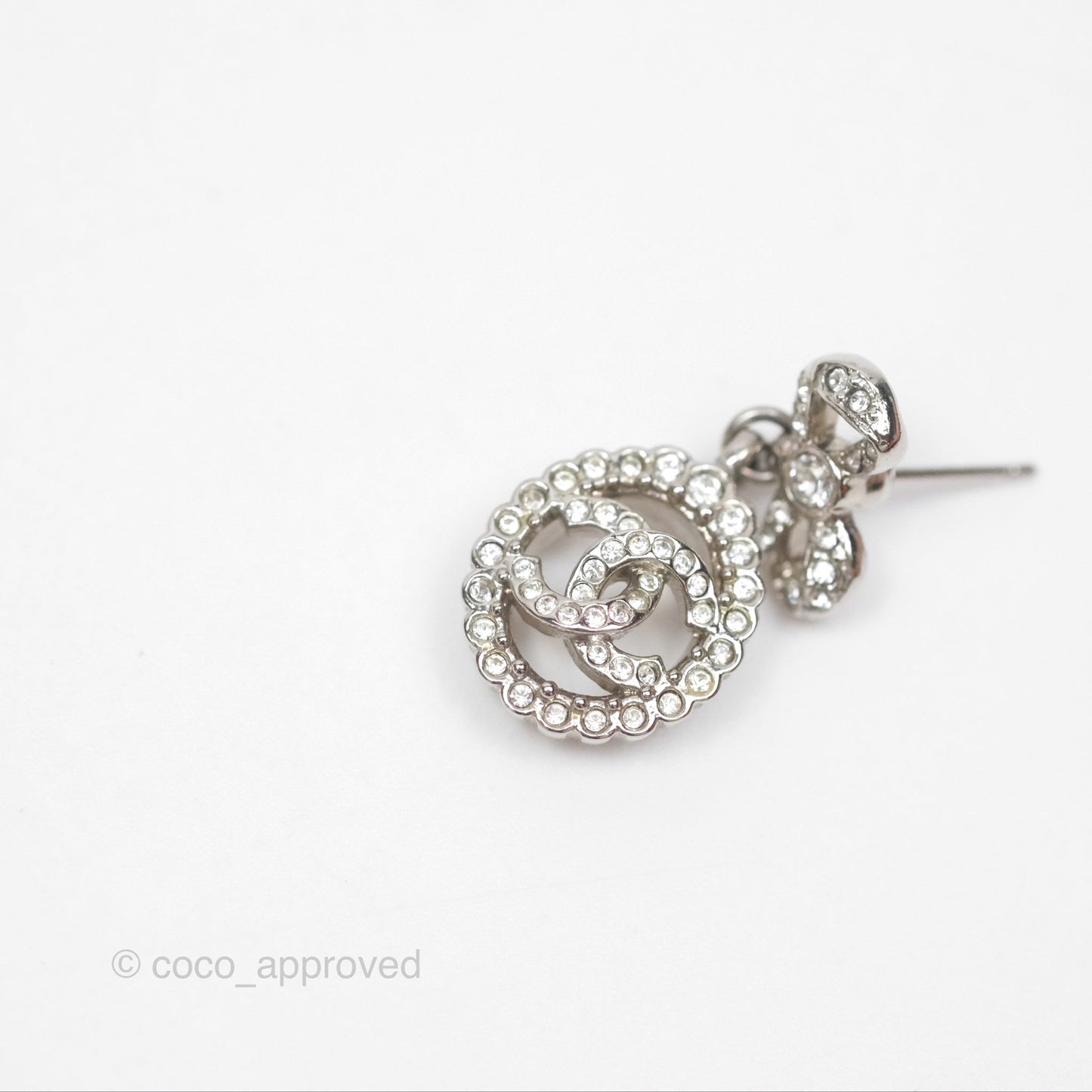 Chanel Crystal CC Bow Knot Drop Earrings Silver Tone 22B
