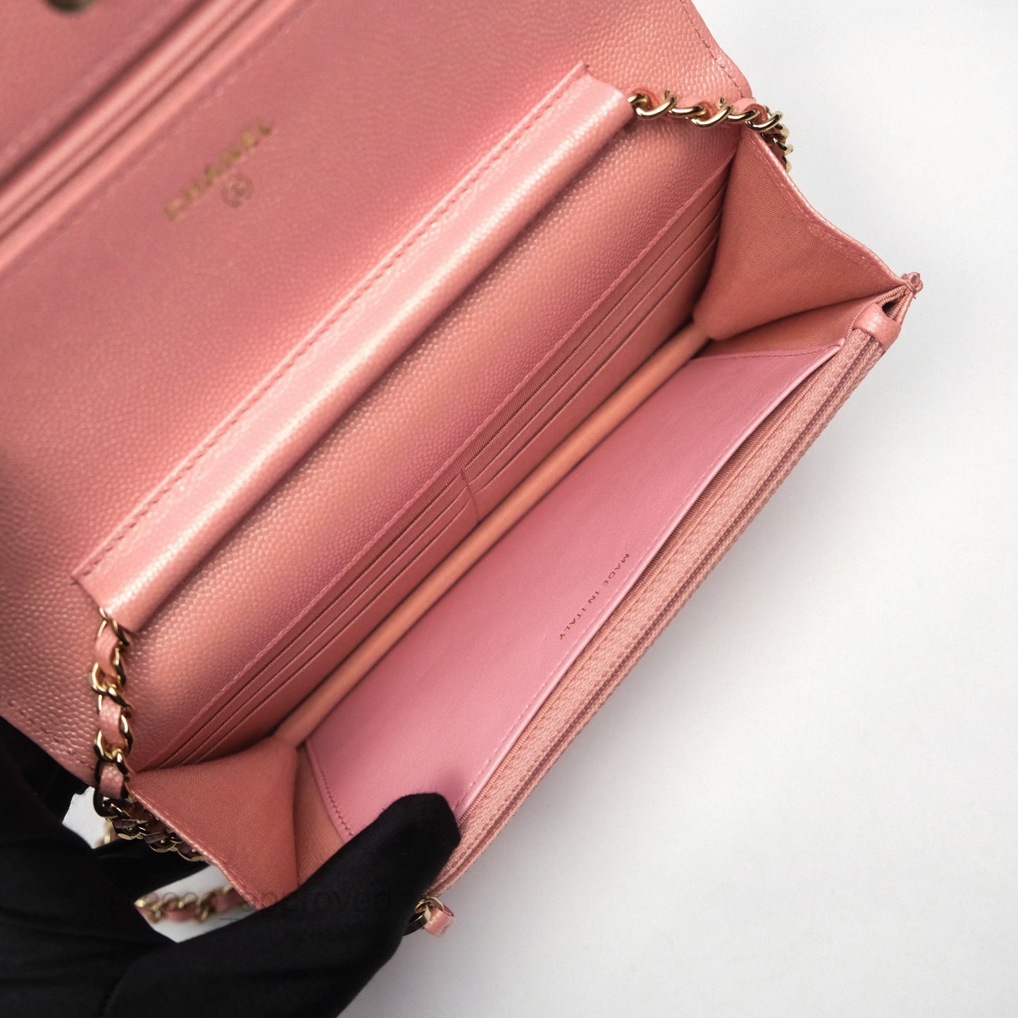 Chanel Classic Quilted Wallet on Chain WOC Iridescent Pink Caviar Gold Hardware