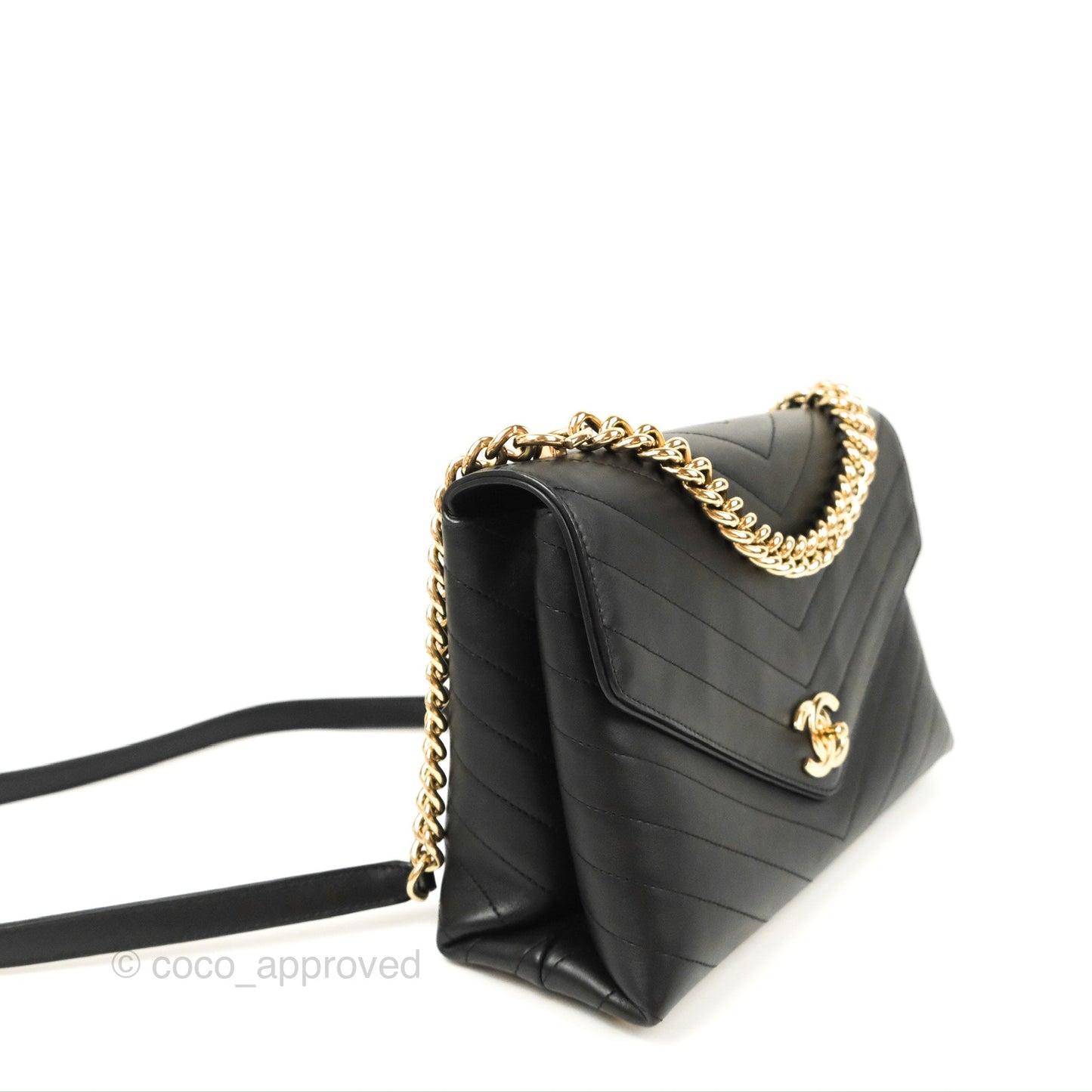 Chanel Chevron Stitched Coco Flap Bag Black Calfskin Gold Hardware