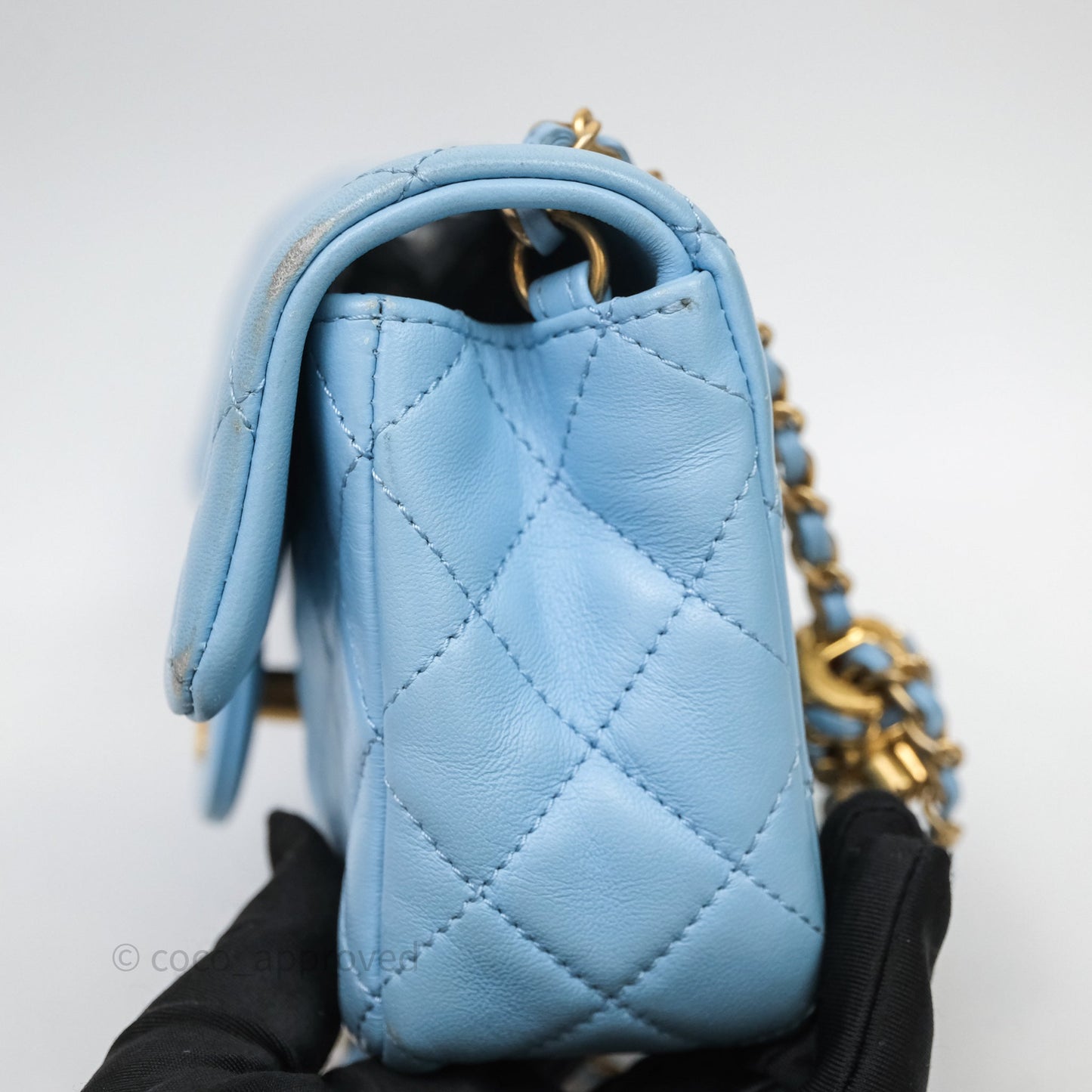 Chanel Mini Rectangular Pearl Crush Quilted Blue Lambskin Aged Gold Hardware