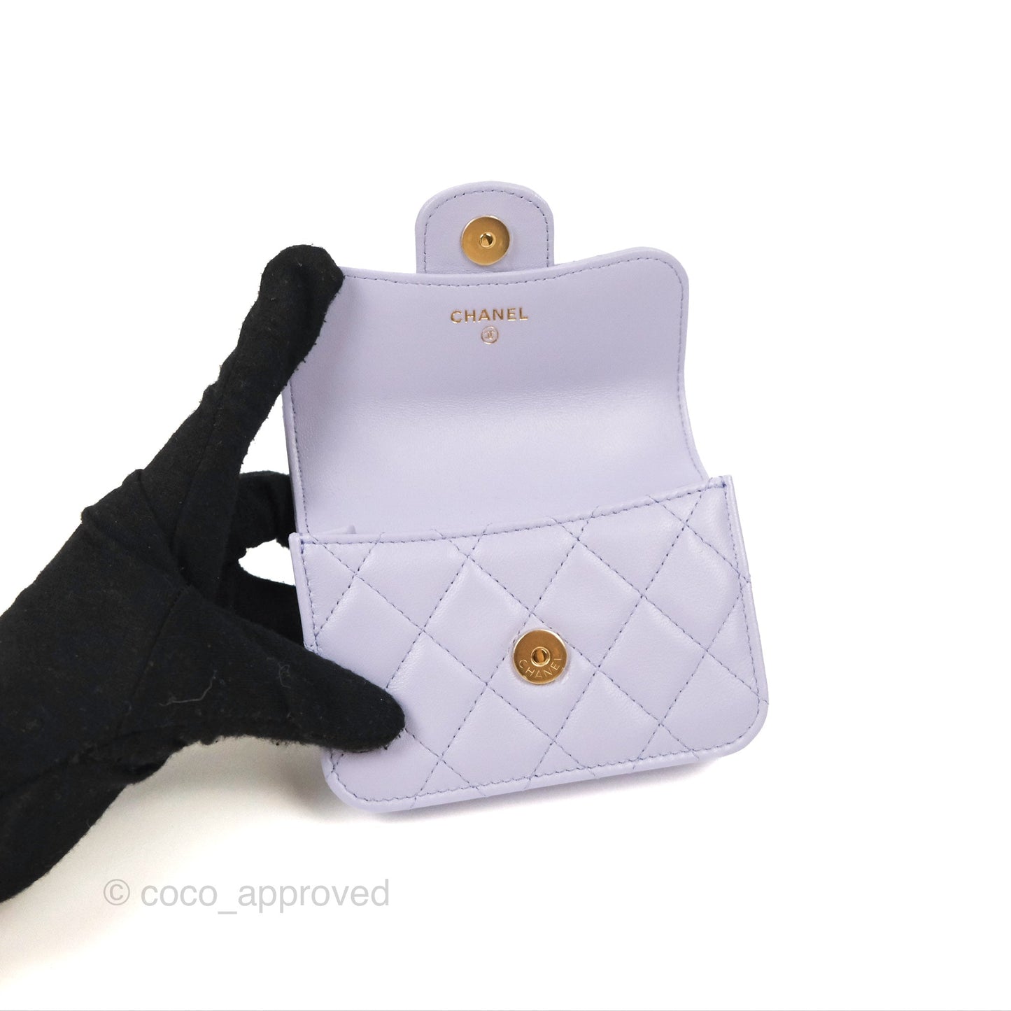 Chanel Mini Handle Flap Coin Purse With Chain Purple Lambskin Gold Hardware