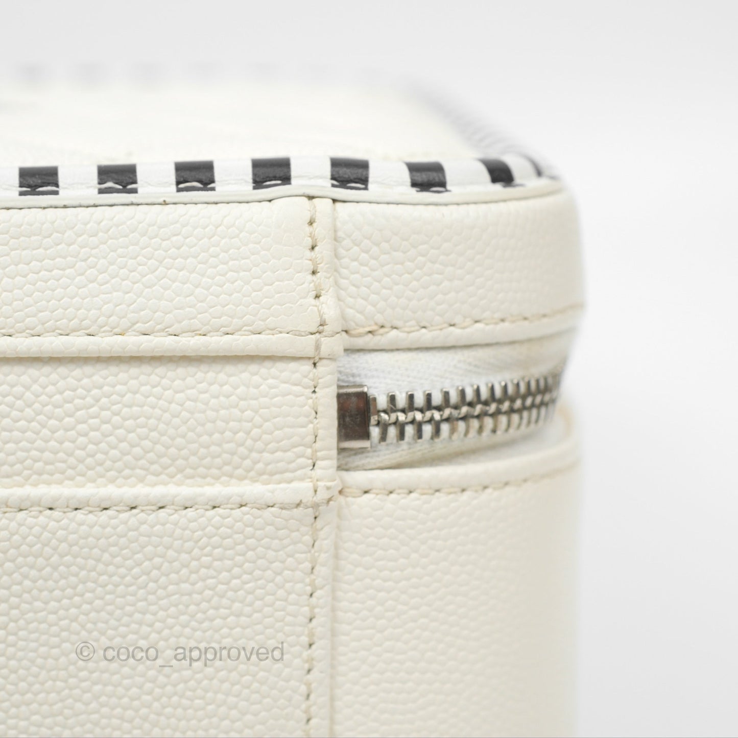Chanel Quilted Medium CC Filigree Vanity Case White Black Stripe Caviar Silver Hardware