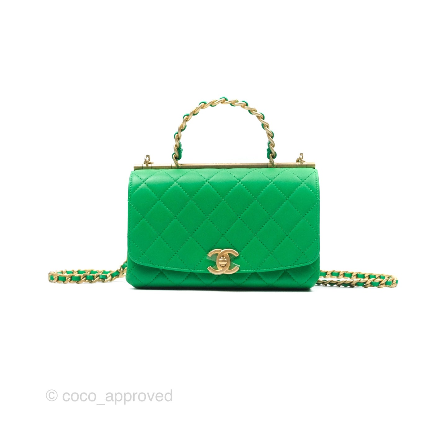 Chanel CC Quilted Flap Bag With Top Handle Green Calfskin Gold Hardware
