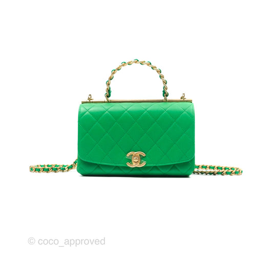 Chanel CC Quilted Flap Bag With Top Handle Green Calfskin Gold Hardware