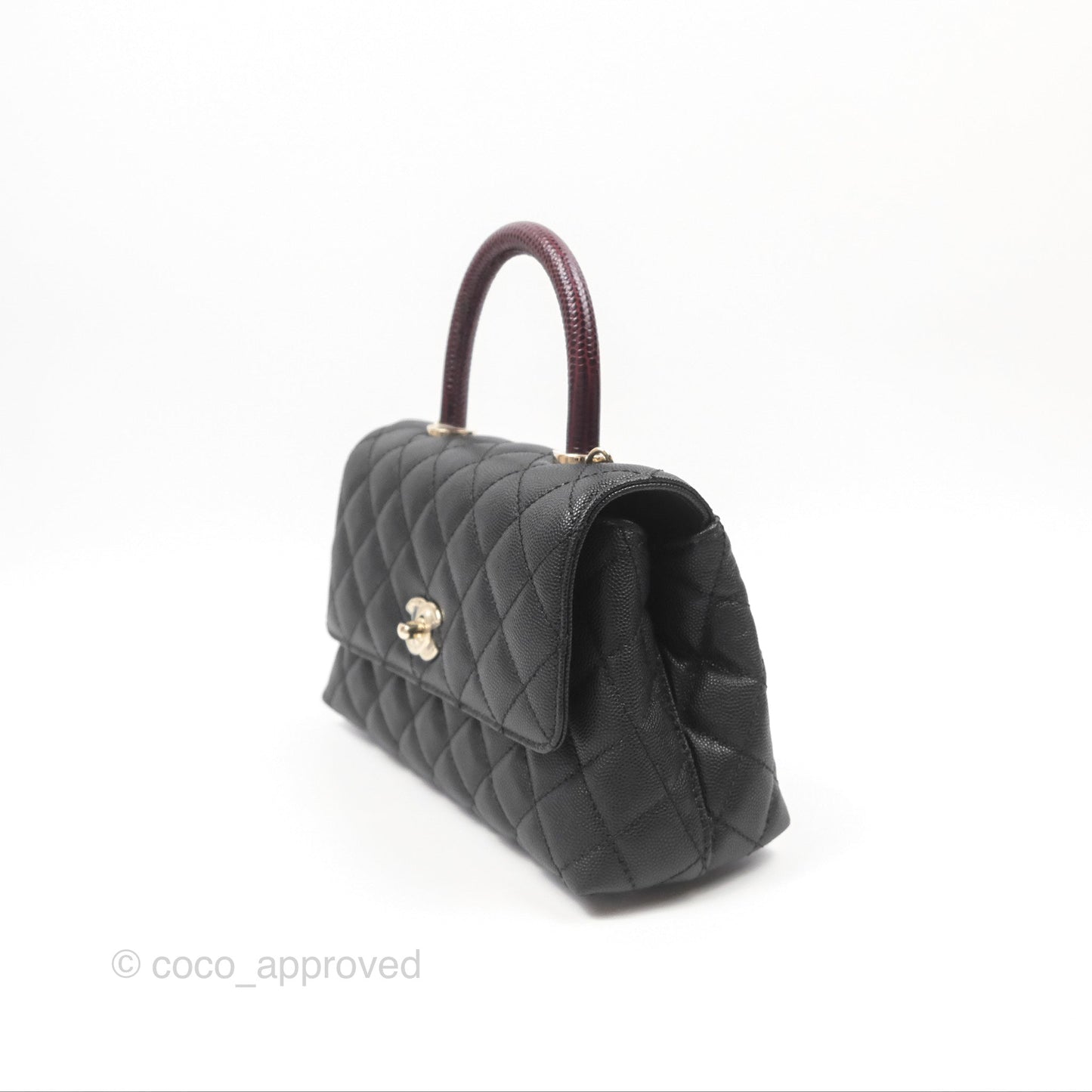 Chanel Small Coco Handle Quilted Black Caviar Gold Hardware Embossed Lizard Handle