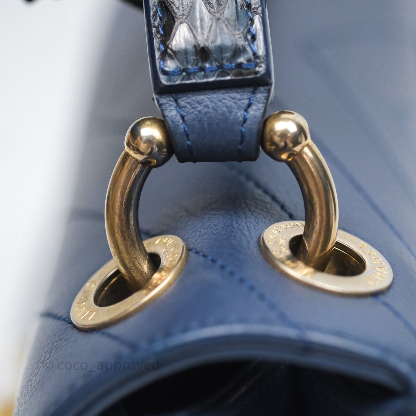 Chanel Small Chevron Python Chic Top Handle Flap Blue Calfskin Gold Hardware