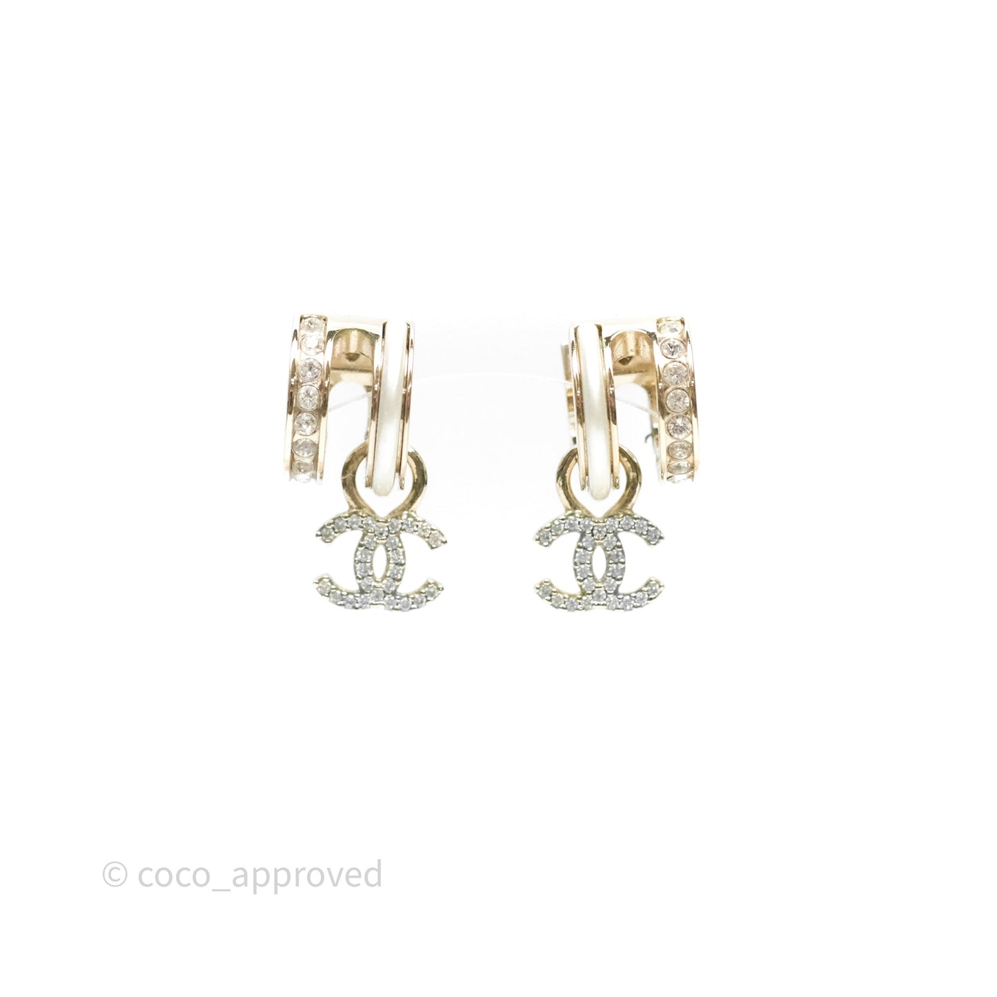 Chanel Crystal CC Pearl Hoop Earrings Gold Tone 21B