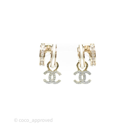 Chanel Crystal CC Pearl Hoop Earrings Gold Tone 21B