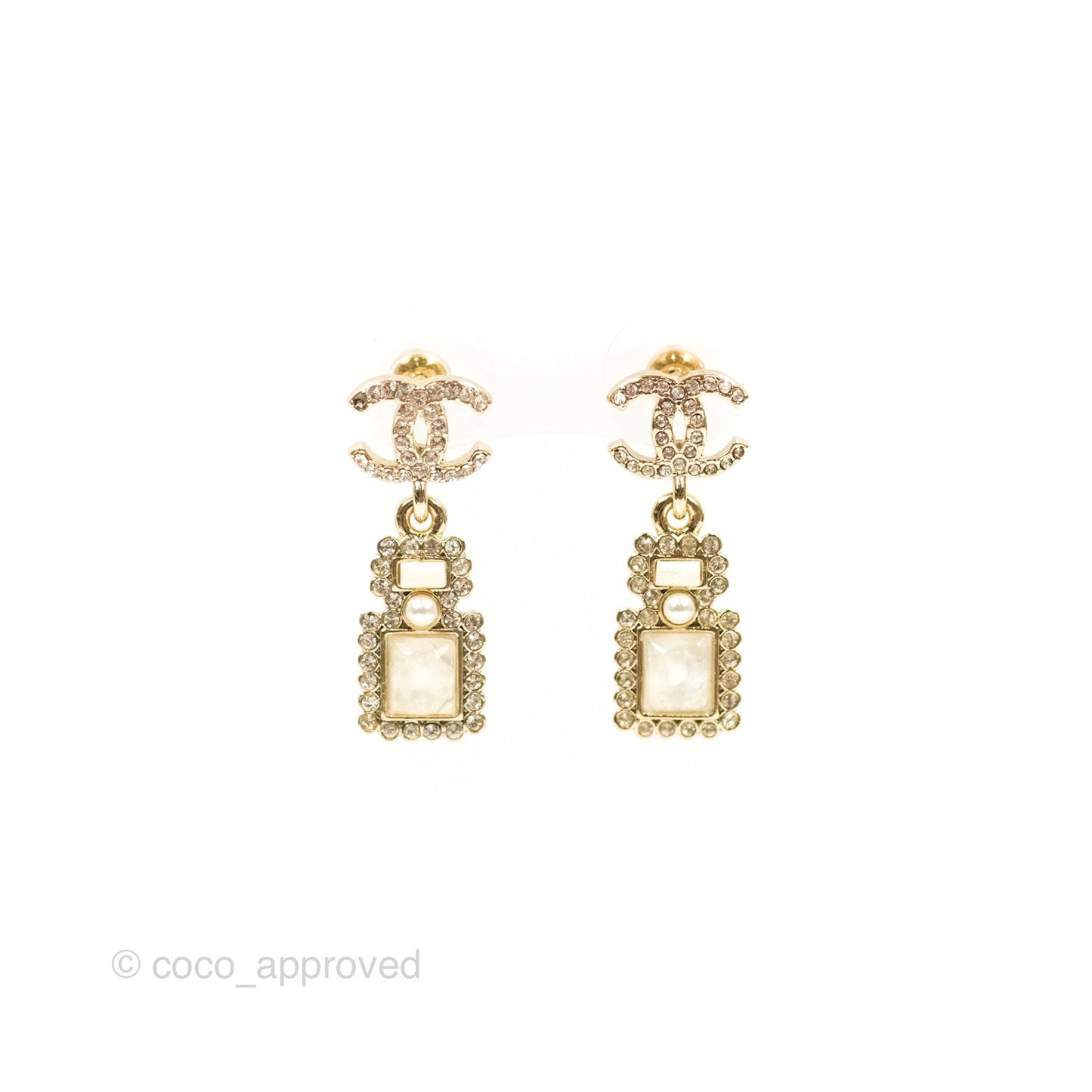 Chanel CC Crystal Perfume Bottle Earrings Gold Tone 21K