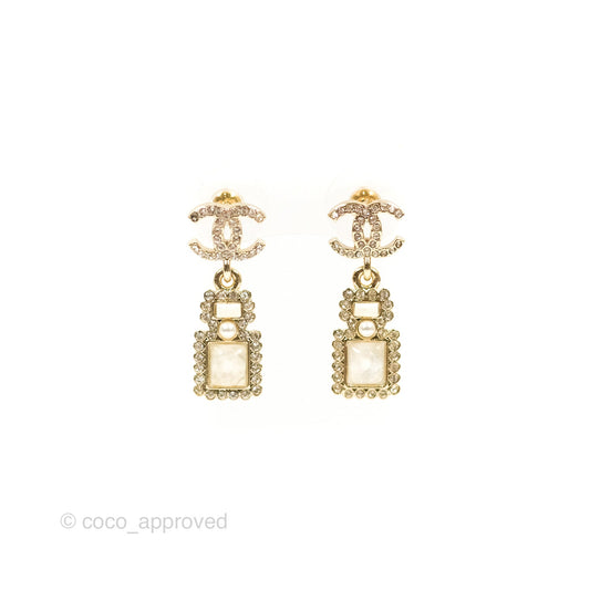Chanel CC Crystal Perfume Bottle Earrings Gold Tone 21K