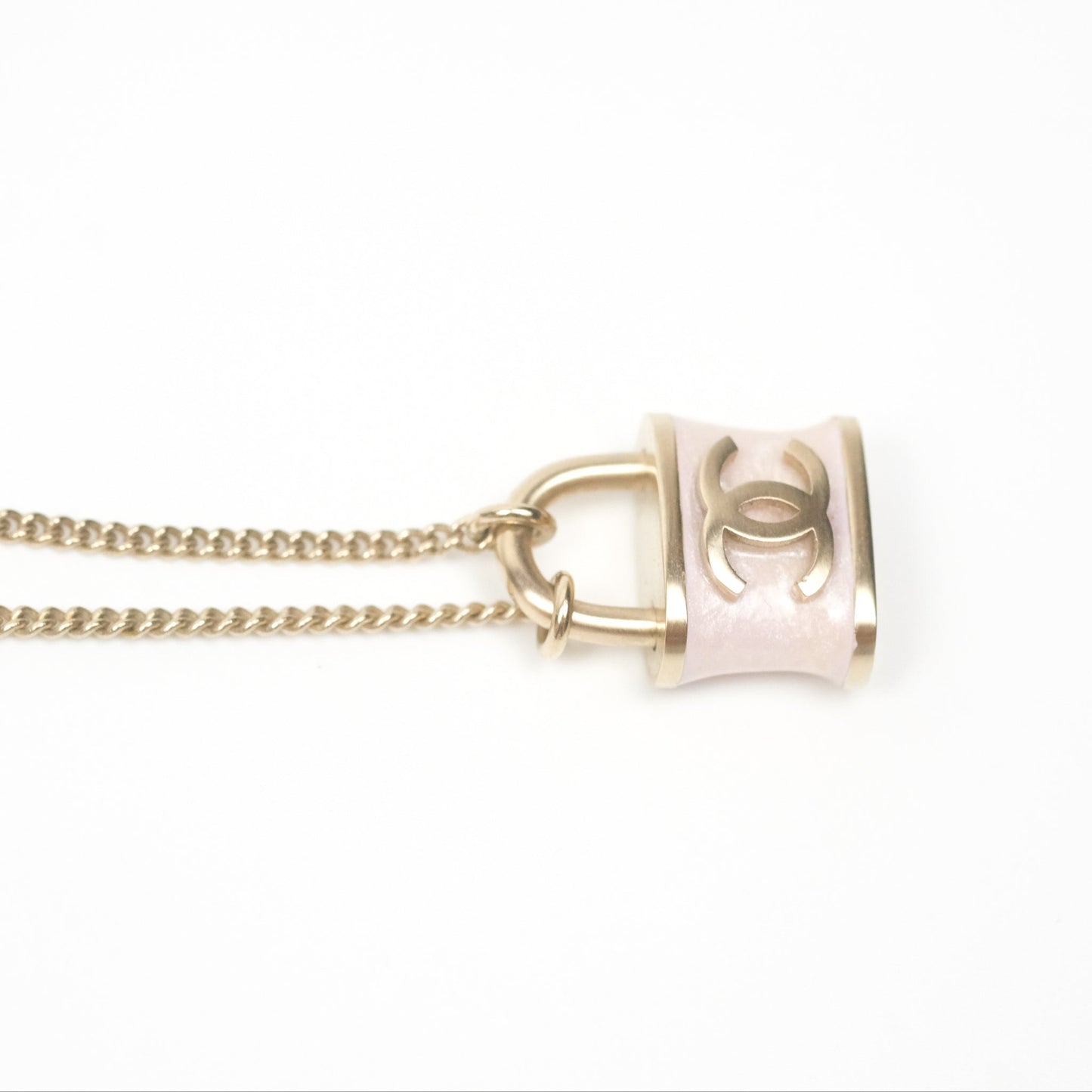 Chanel Small Padlock Pink Necklace Gold Tone 18P