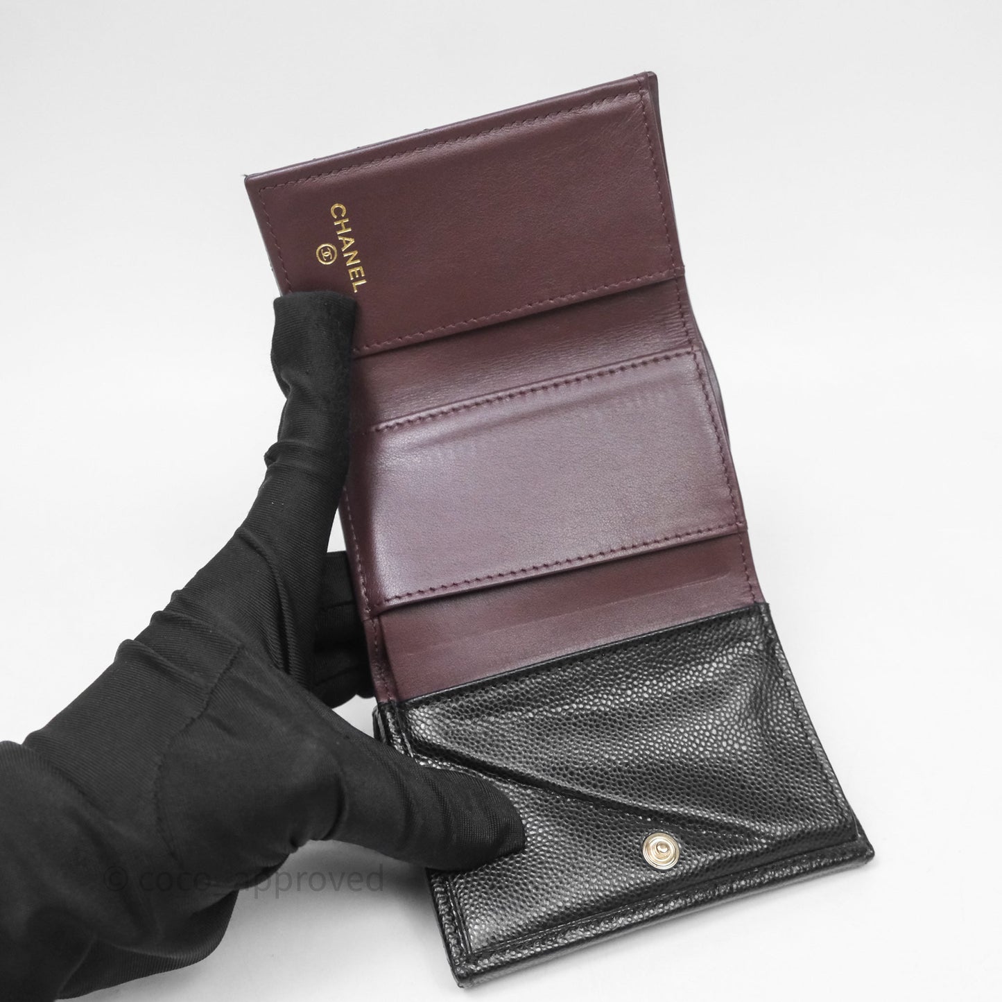 Chanel Small Classic Trifold Wallet Quilted Black Caviar Gold Hardware