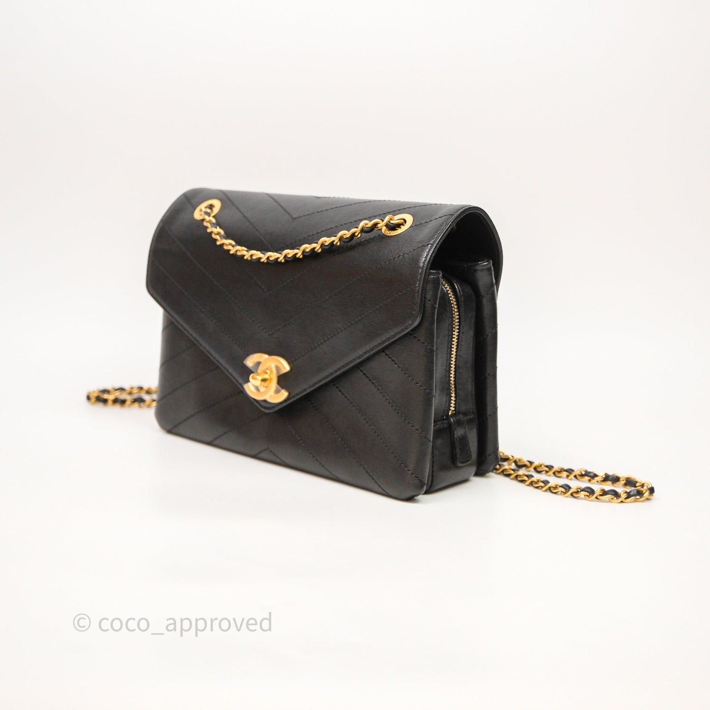 Chanel Chevron Flap Bag Black Calfskin Aged Gold Hardware