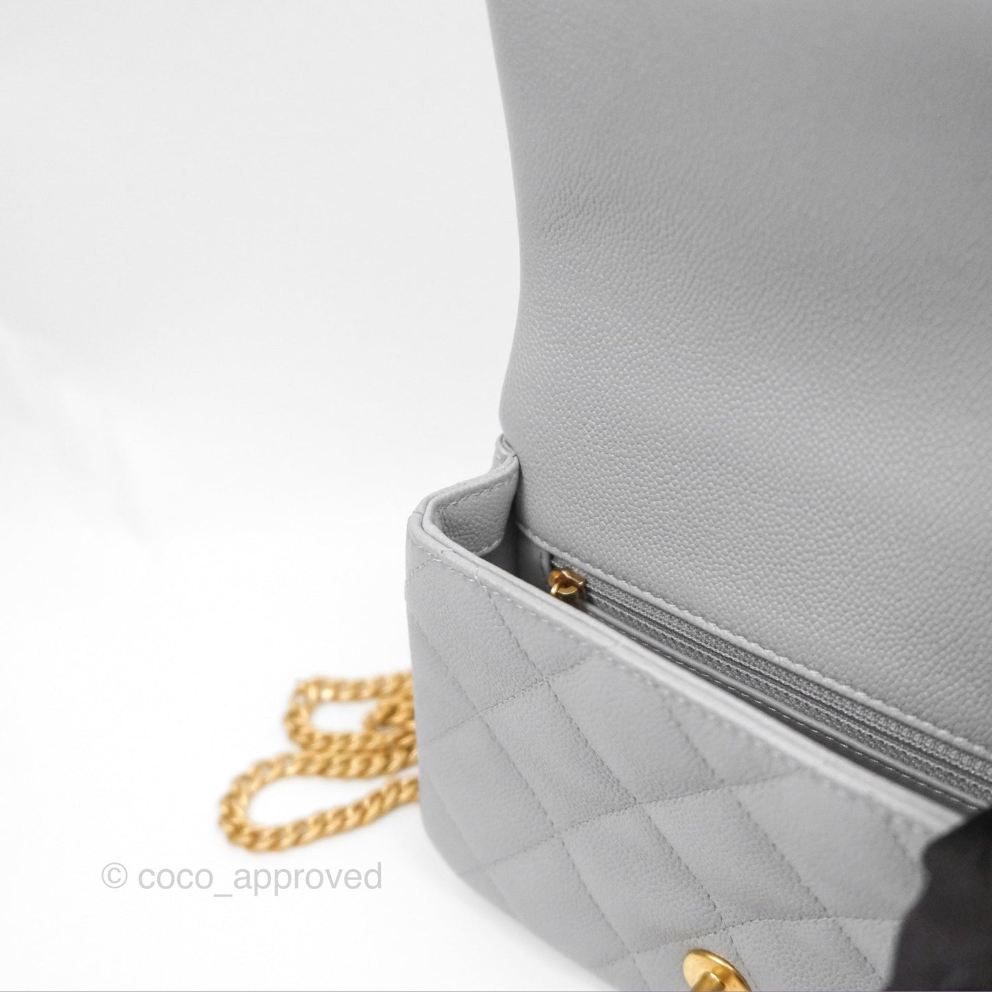 Chanel Mini Flap Bag Heart Adjustable Chain Grey Caviar Aged Gold Hardware