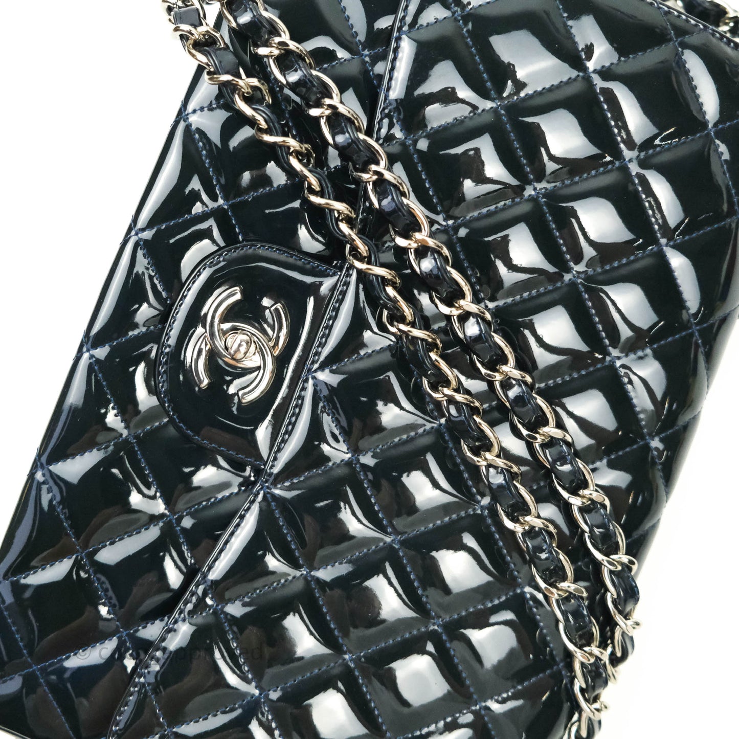 Chanel Jumbo Single Flap Teal Blue Patent Silver Hardware