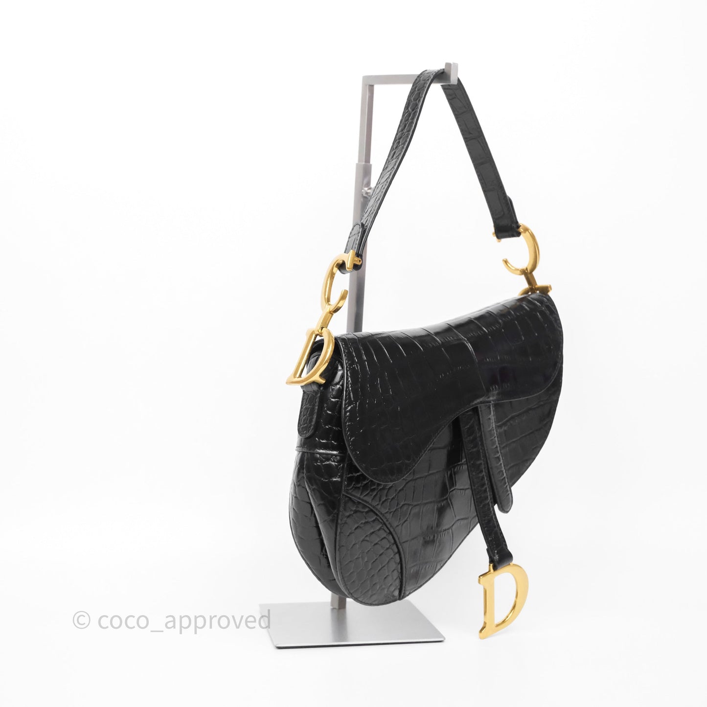 Christian Dior Saddle Bag Black Shiny Crocodile Gold Hardware