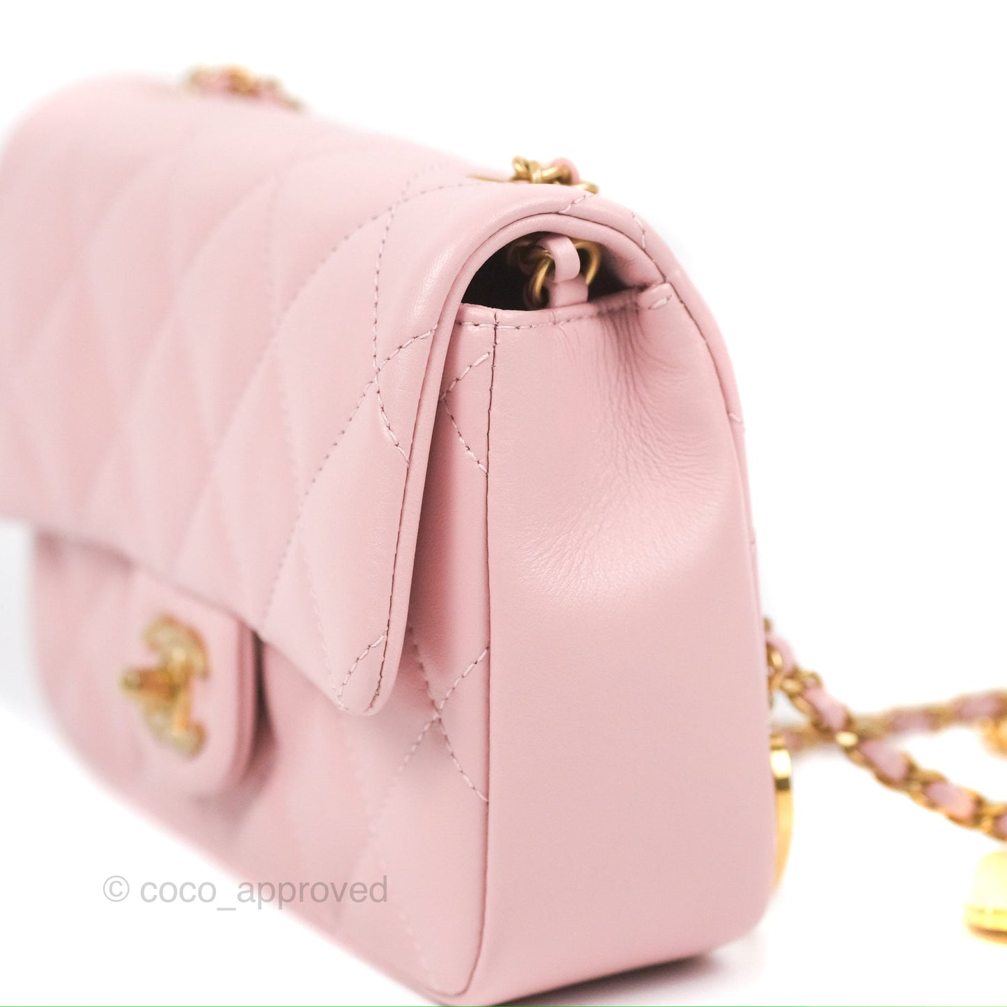 Chanel Mini Flap Bag With Heart CC Charm Pink Lambskin Aged Gold Hardware
