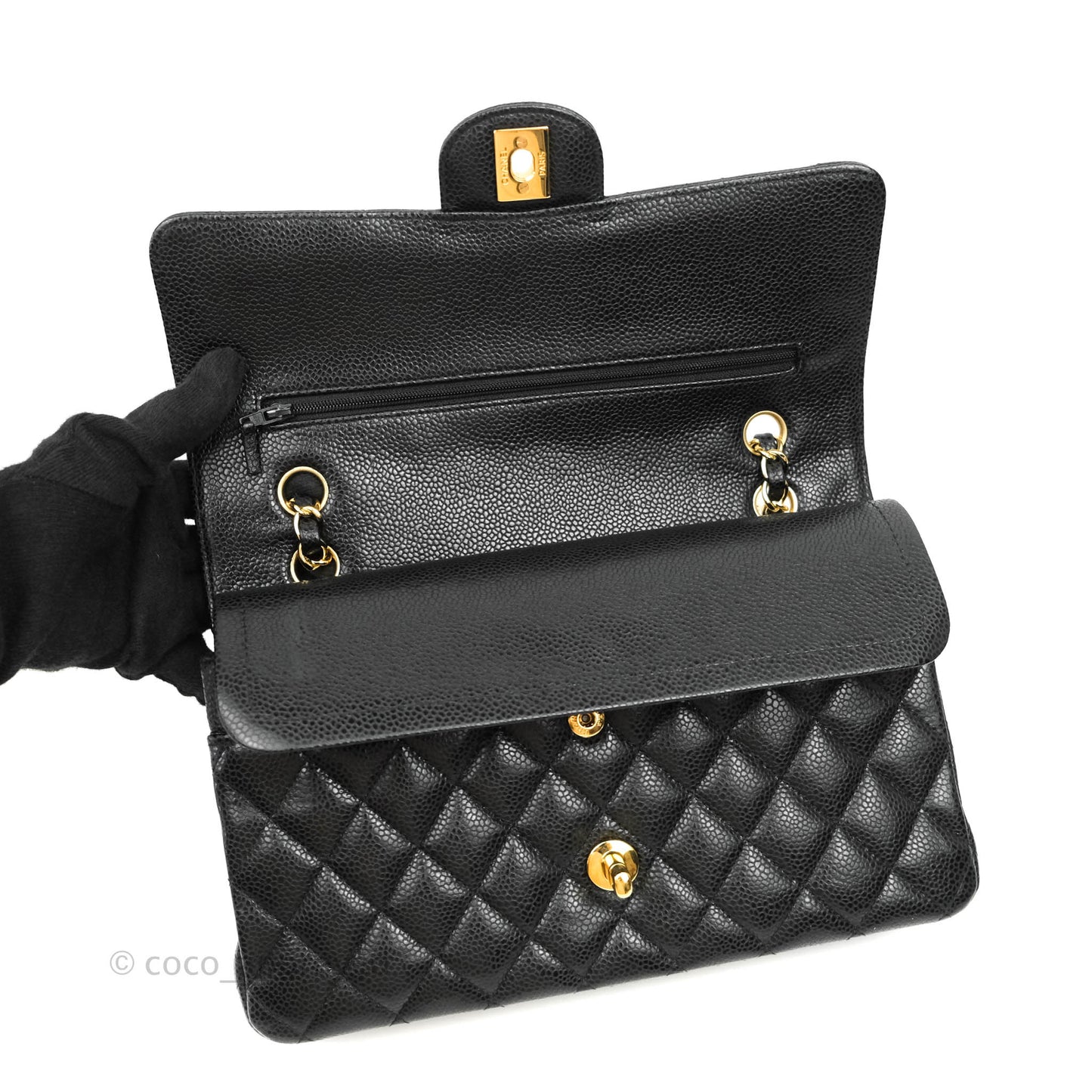 Chanel Quilted M/L Medium Double Flap Black Caviar Gold Hardware