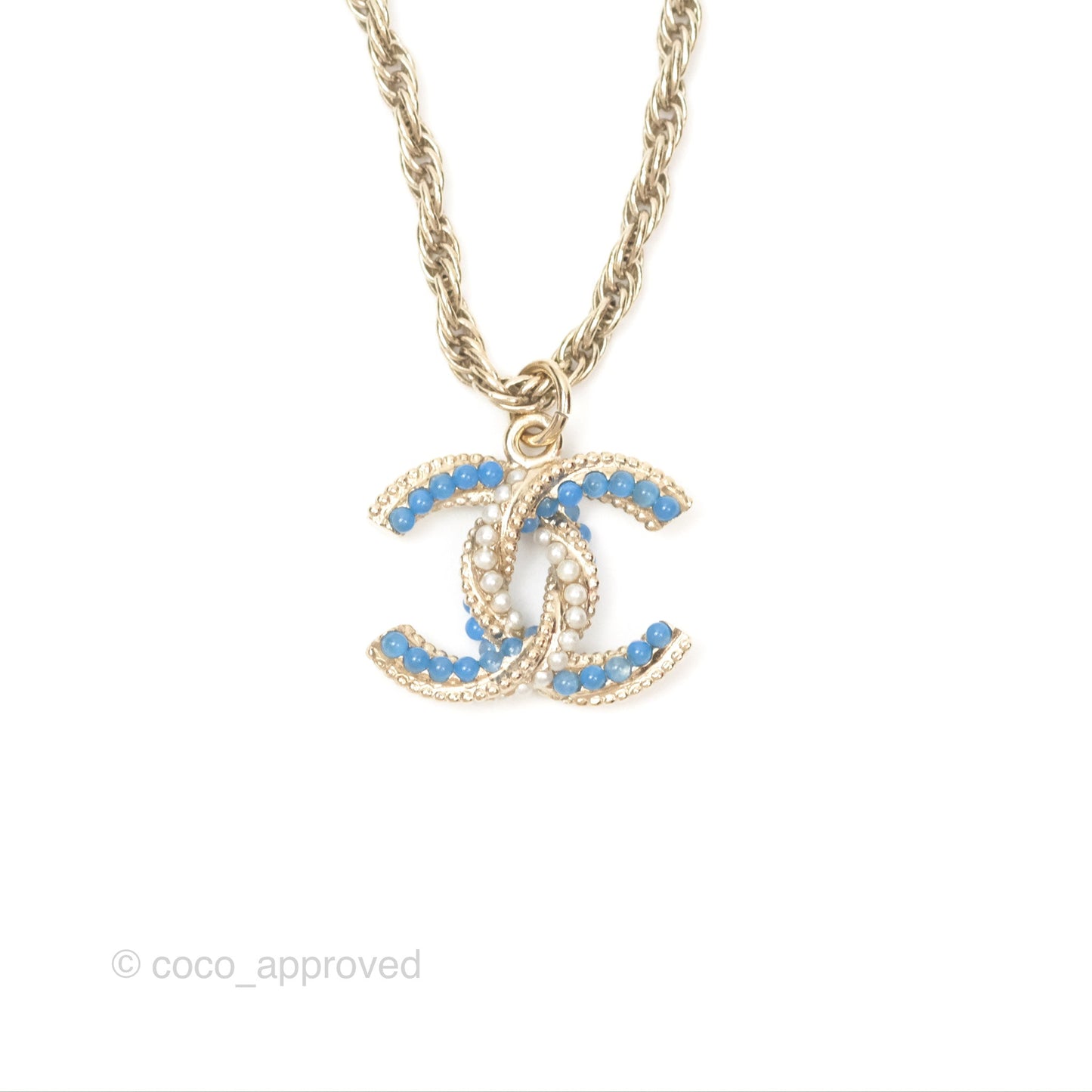 Chanel Pearl CC Necklace Blue Gold Tone 18P