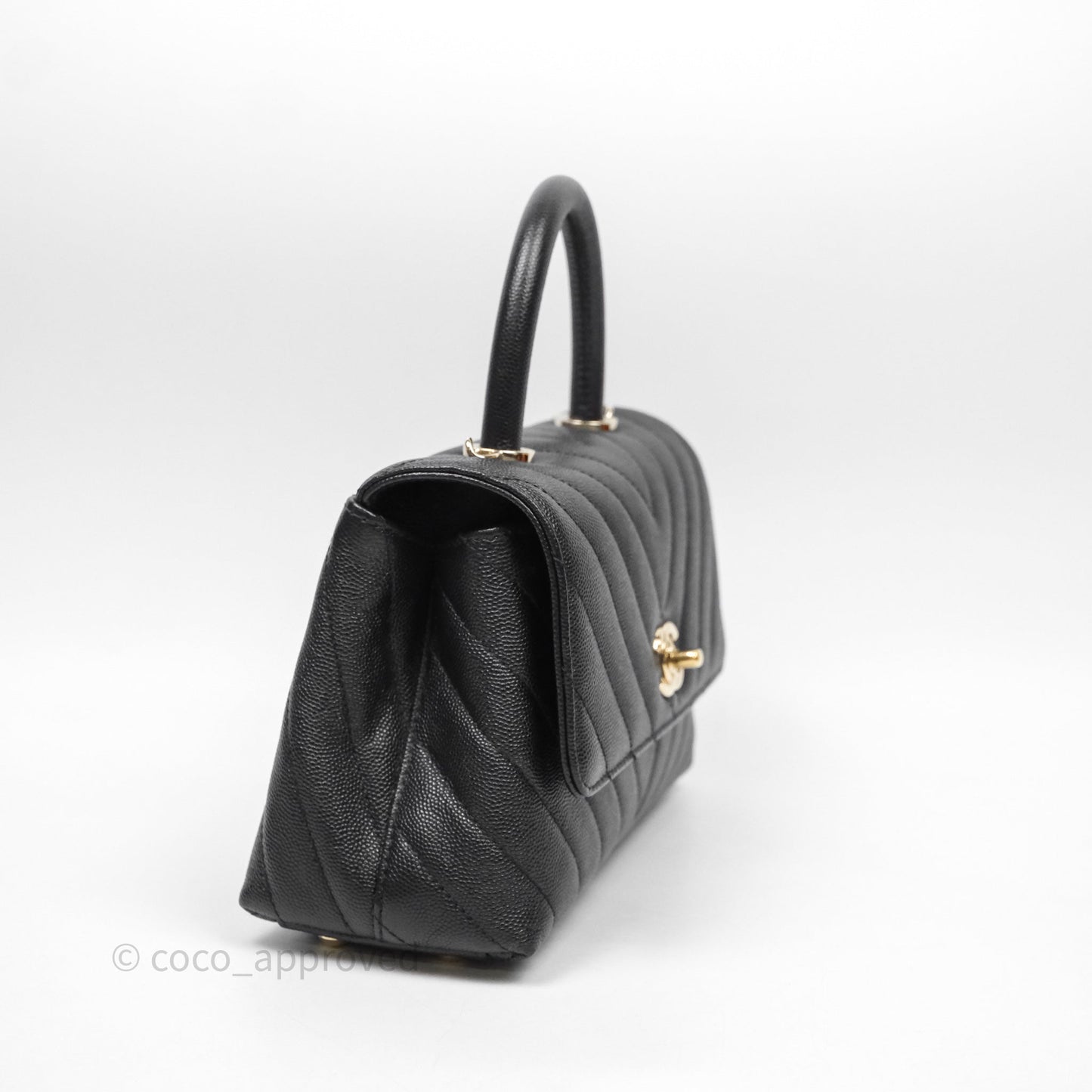 Chanel Small Coco Handle Chevron Black Caviar Gold Hardware Lizard Handle