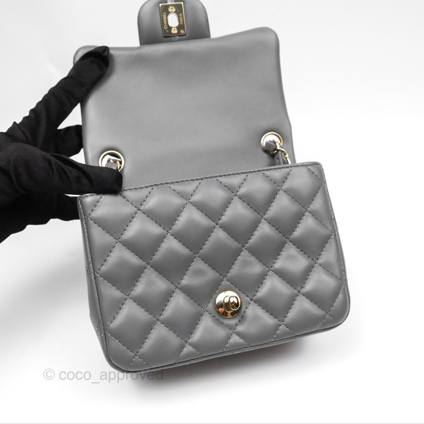 Chanel Mini Square Quilted Grey Lambskin Gold Hardware