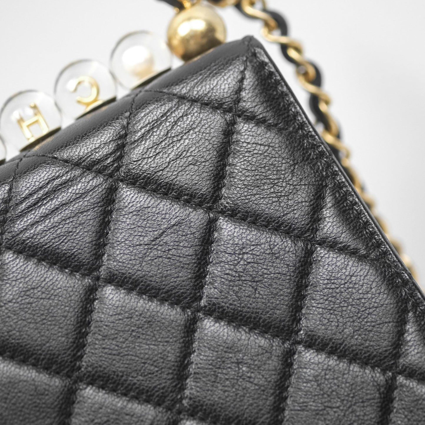 Chanel Quilted Chic Logo Pearls Flap Black Goatskin Aged Gold Hardware