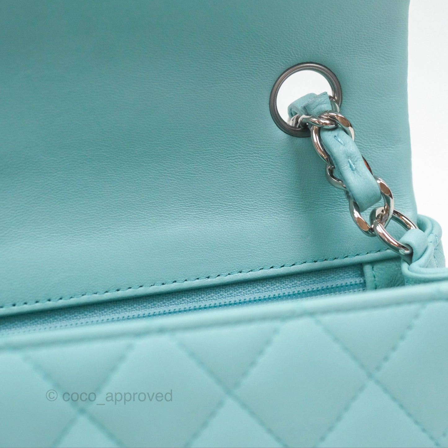 Chanel Quilted Mini Rectangular Flap Tiffany Blue Lambskin Silver Hardware
