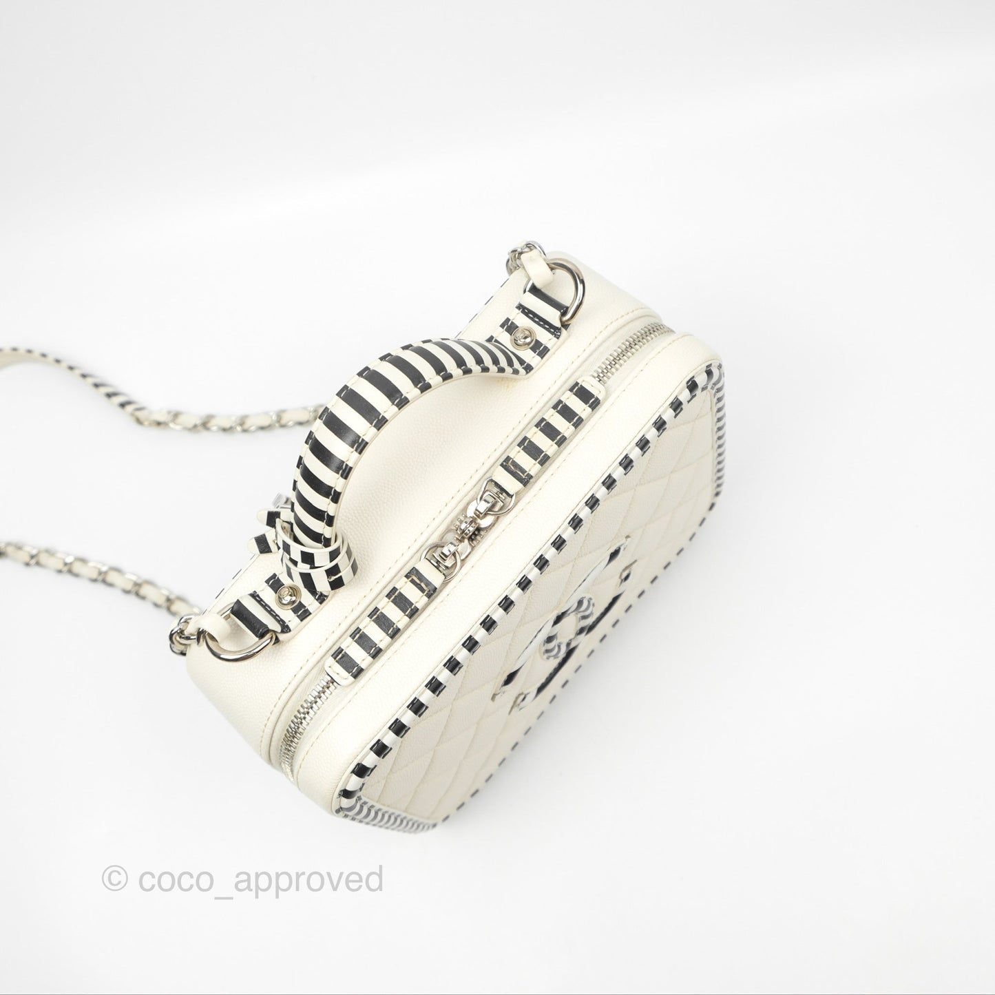 Chanel Quilted Medium CC Filigree Vanity Case White Black Stripe Caviar Silver Hardware