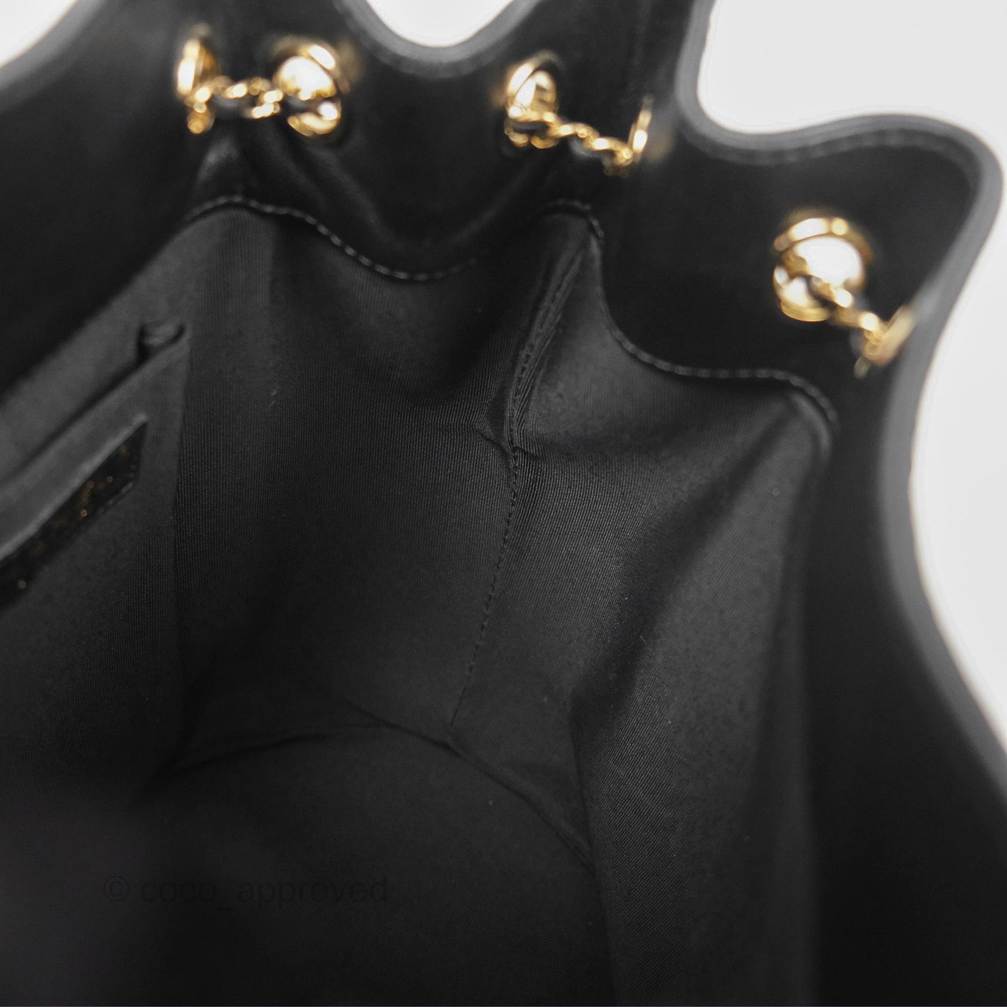 Chanel CC Chain Drawstring Bucket Bag Chevron Black Lambskin Gold Hardware